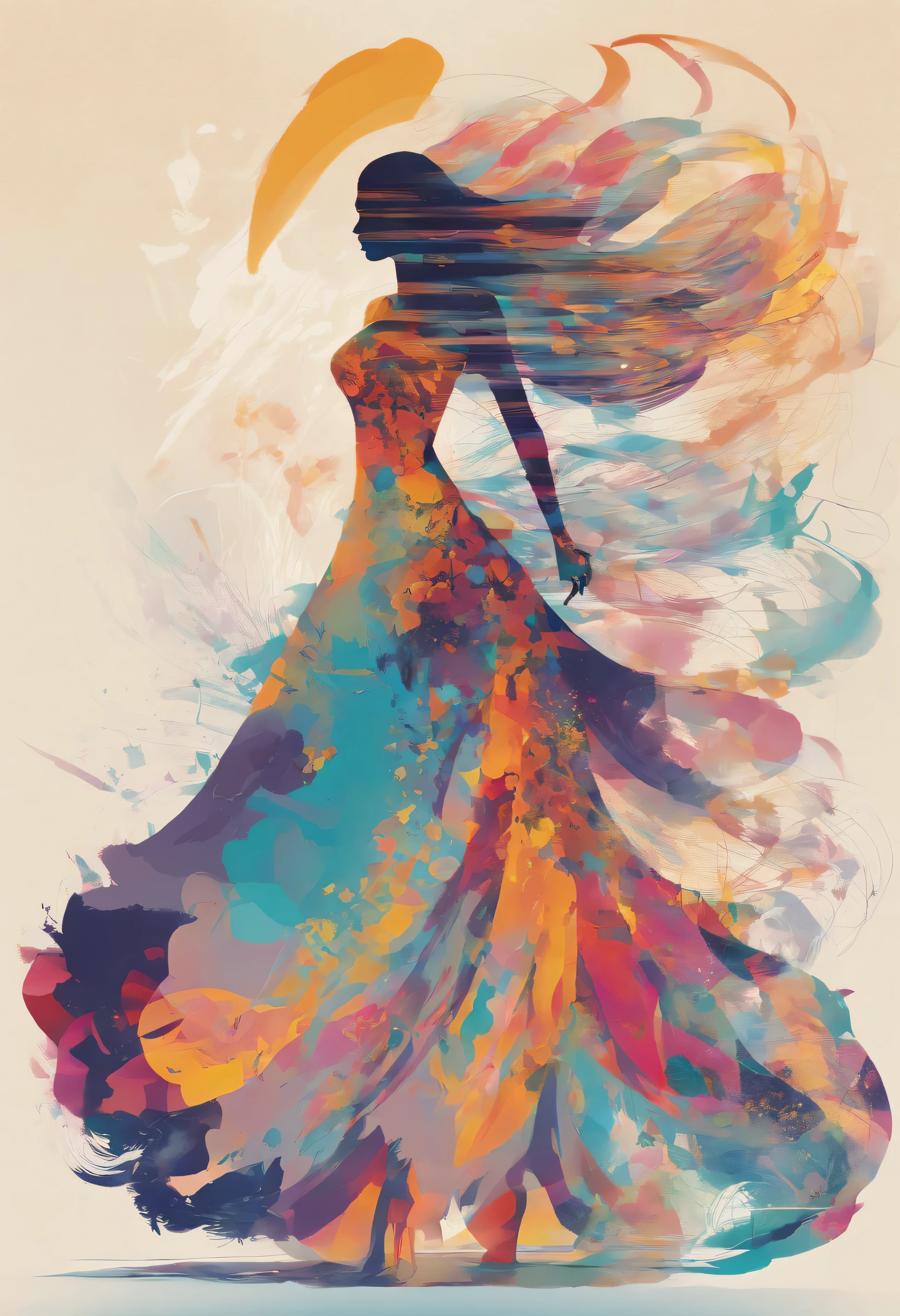silueta de mujer, 160 centimeters tall, 155 libras de peso, cintura de 36 pulgadas, caderas de 24 pulgadas, Pelo lacio, longitud hasta la mitad de la espalda, usando tacones altos, dress that is made up of the multicolored symbol of Venus that seems to dance around her