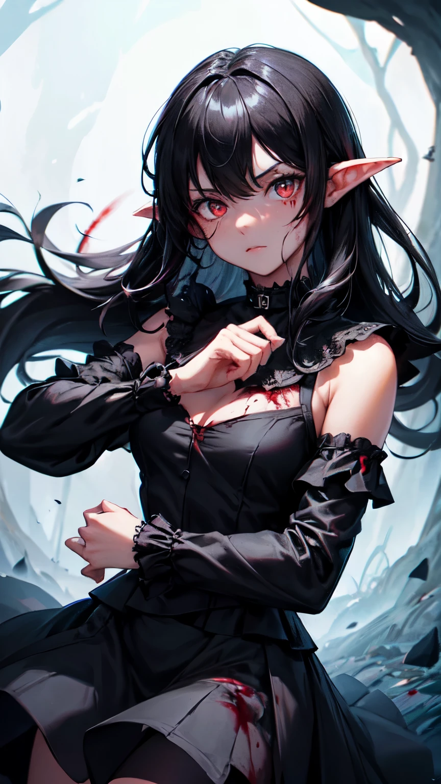 Create an illustration based on the following info: A young women standing in the middle of clearing surrounded by tall trees, (black hair:1.5), long hair, wavy hair, face framing hair, beautiful eyes, glowing red crimson eyes, pink lips, expresionless, impassive, c-cup breasts, slender arms, clawed blood covered hands, clenched fists, slender thighs, dainty feets, gothic dress, (black dress:1.5), black choker, lace choker, (black sleeves:1.5), detached sleeves, (black skirt:1.5), high-low skirt, layered skirt, lace trim, night, full moon, bright moonlight, cinematic lighting, green leaves, close up, looking at viewer, dark atmosphere, Add clothes detail, blood, blood on face, (blood on face:1.5), elf ears, black energy, black smoke, (black smoke:1.5), fire sparks, fighting stance, (fighting stance:1.5), (black top:1.5), blood splatters, blood on dress