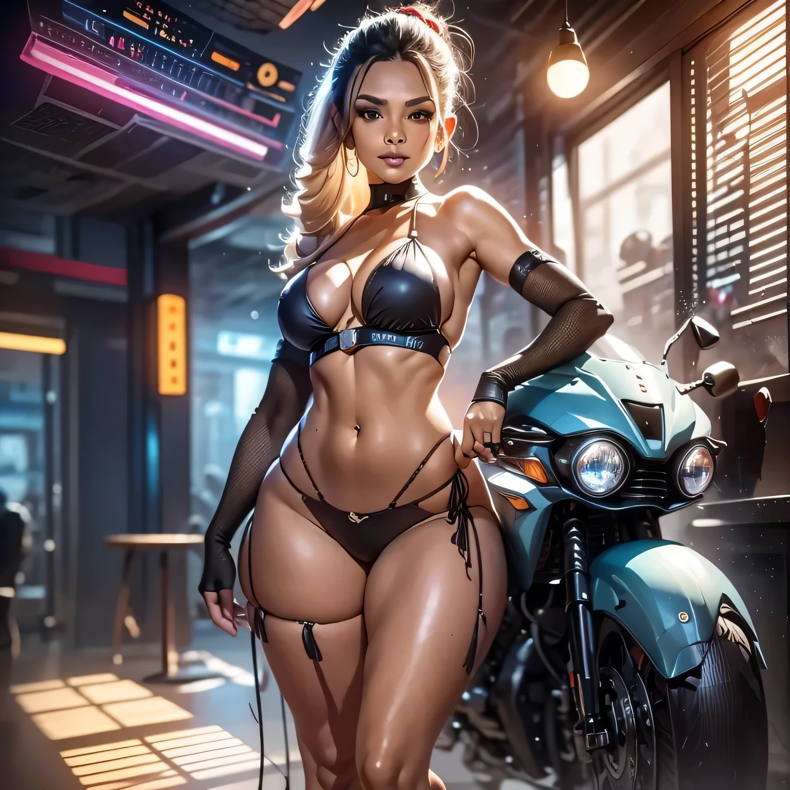 (full body: 1.2), Beautiful Cyber punk girl 2077, 18 years old, fit and attractive body. The image must be high-quality 8k resolution and use advanced rendering techniques such as photon mapping, radiosity, and physical rendering with automatic white balance. The lighting should be cinematic, with masterful high lighting and slightly elevated twilight. Details: The woman must have smooth, soft skin, with visible pores and a heart-shaped butt, a current trend in Brazil. She should wear street clothes, specifically cotton micro lingerie, with cotton panties or very short sleepwear. The image should focus on your beautiful, symmetrical face, with ultra-detailed eyes, and a bikini line on your tanned skin. Pose: The woman must pose in a sexy way, looking directly at the viewer. She may be half-naked, with small breasts and nipples visible, and her hair may be detailed with fringes and freckles. She should have a smiling expression. Background: The Cyber punk 2077 background should be ultra-detailed, rendered using CGI with Unreal Engine 5. But it should have a soft focus effect. Final artwork should not be based on a specific photograph, but should look realistic. Composition: The image should evoke a sense of technology and high-quality craftsmanship, reminiscent of a masterpiece of illustration and CG art. The composition must include elements of unity, wallpaper and official art. The final image must present fine details, extreme delicacy and beauty, with sharp focus and a high level of detail.
