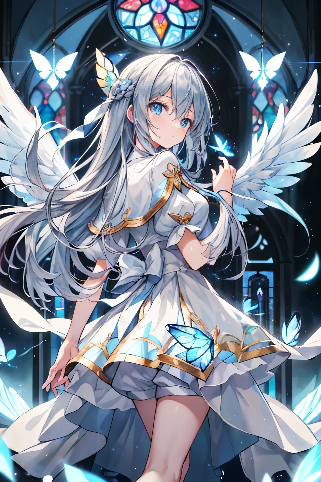 highest quality、detailed face、detailed costumes、detailed background、man solo、 boy、Masseter muscle part、long gray hair、horizontal hair、light blue eyes、watch here、look down、close your mouth、golden ratio face、full body esbian、8K high resolution、highest quality、Two pairs of angel wings sprouting from his back、light blue petals、light leak blur effect、particles of light、White shorts、white shorts、White collar short sleeve shirt、light blue ribbon、White Lily、Drawn eyes、fine eyes、delicate fingers and hands、Inner part of a cathedral、stained glass window、illuminated by a spotlight、god々New、Light blue butterfly、dream-like、delicate hair