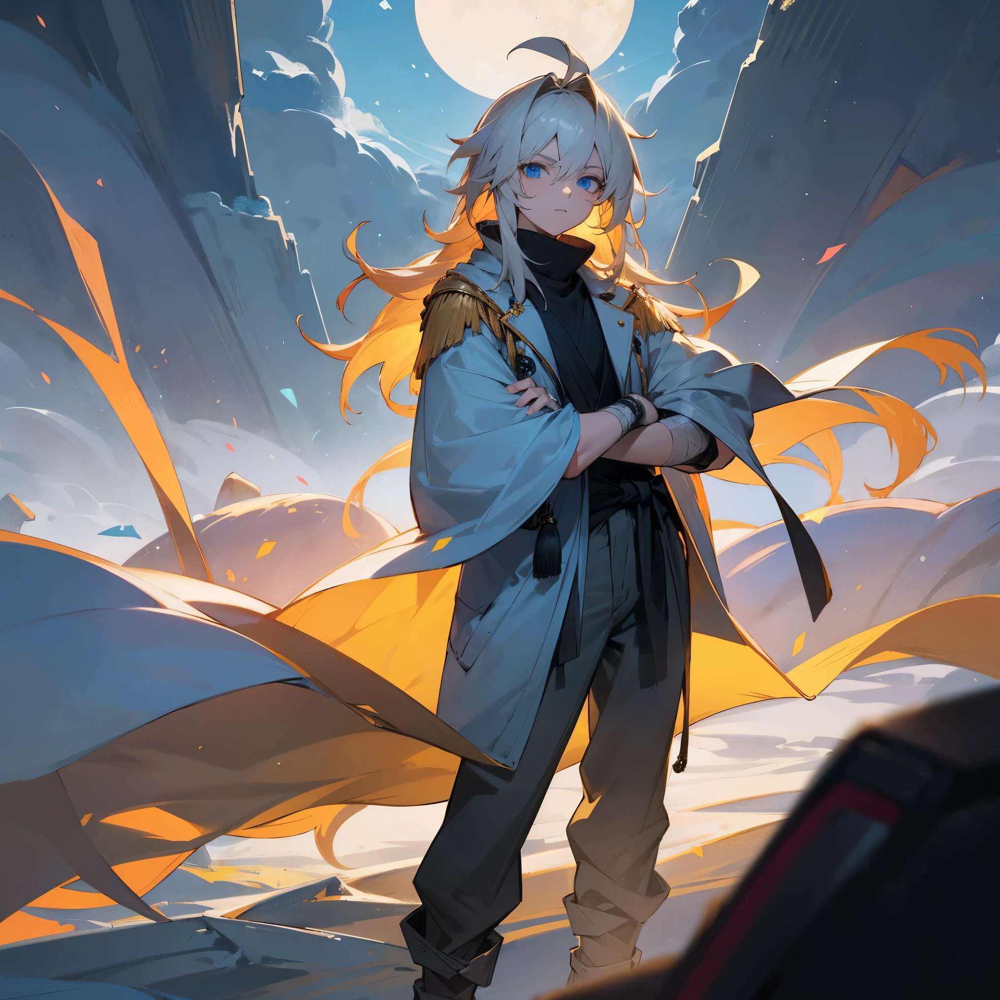 1male, adult, finely detailed blue eyes, long messy hair, pale grey and yellow ombré hair color, loose turtleneck, loose baggy pants, bandages wrapped around arms, standing with arms folded, standing on open trail, night, village, muscular, serious