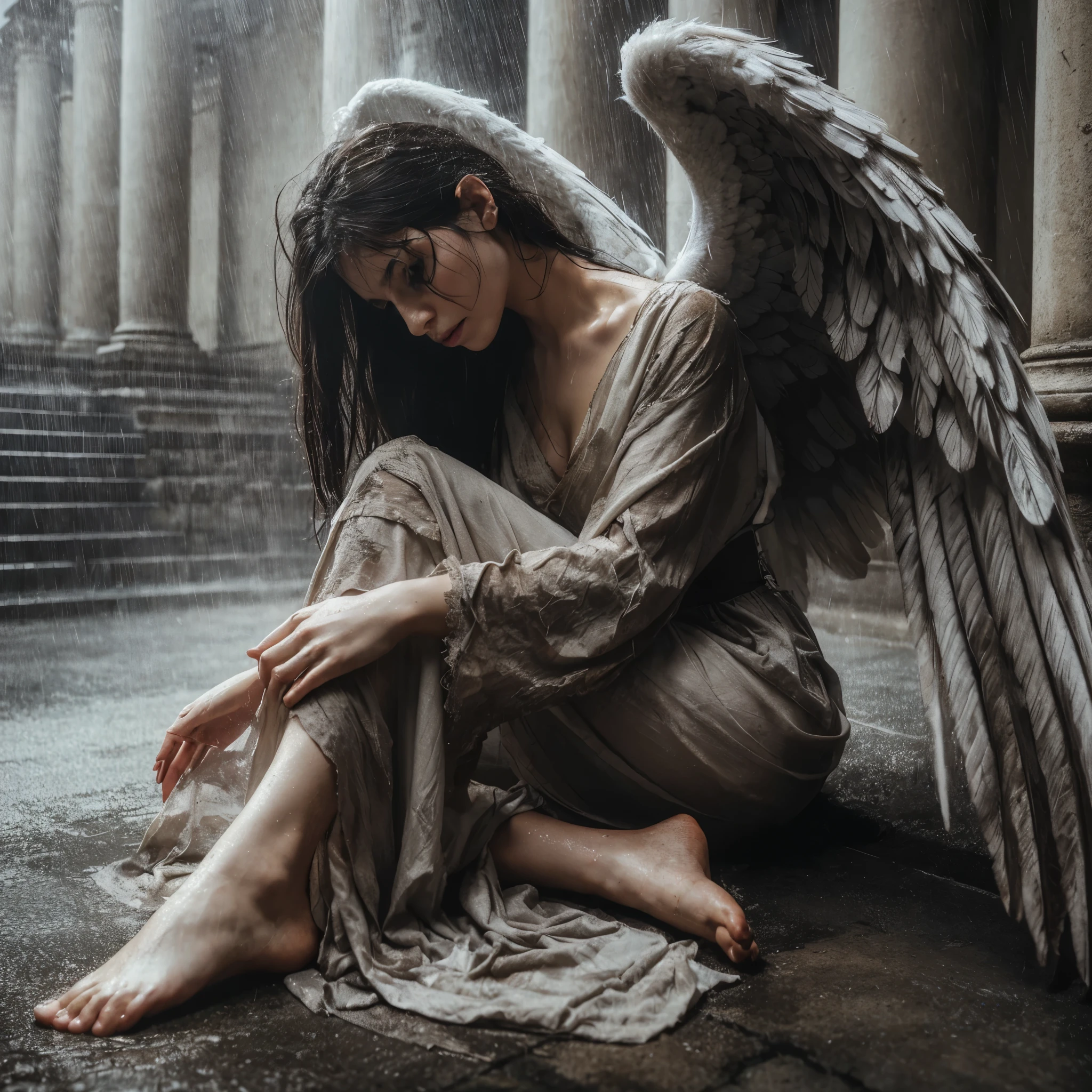 full scale, super low angle shot, The beautiful angel fell, black hair, had very large wings, wore a very worn white cloth, dirty body and wings, knelt down and looked very angry, shouted and looked up.
HD professional photographer, MidJourney v6 realism, light focus on face, ultra detail on face,
dark light, epicrealism, atmospheric impressionism, bokeh, film dramatic realism, pre-raphaelite realism, best tone, hard focus realism --ar 36:61 --stylize 750 --v6