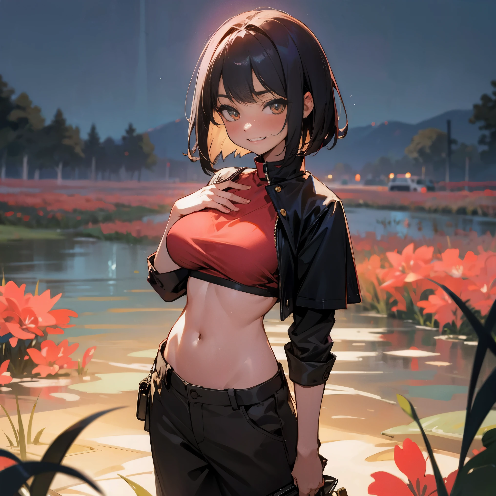 1female, adult, big breast, tan skin, finely detailed coral eyes, short wavy bob, coral and black ombre hair color, bikini top, loose baggy pants, blushing, standing in flower field, waterfall, night, cocky grin, village background, delinquent 