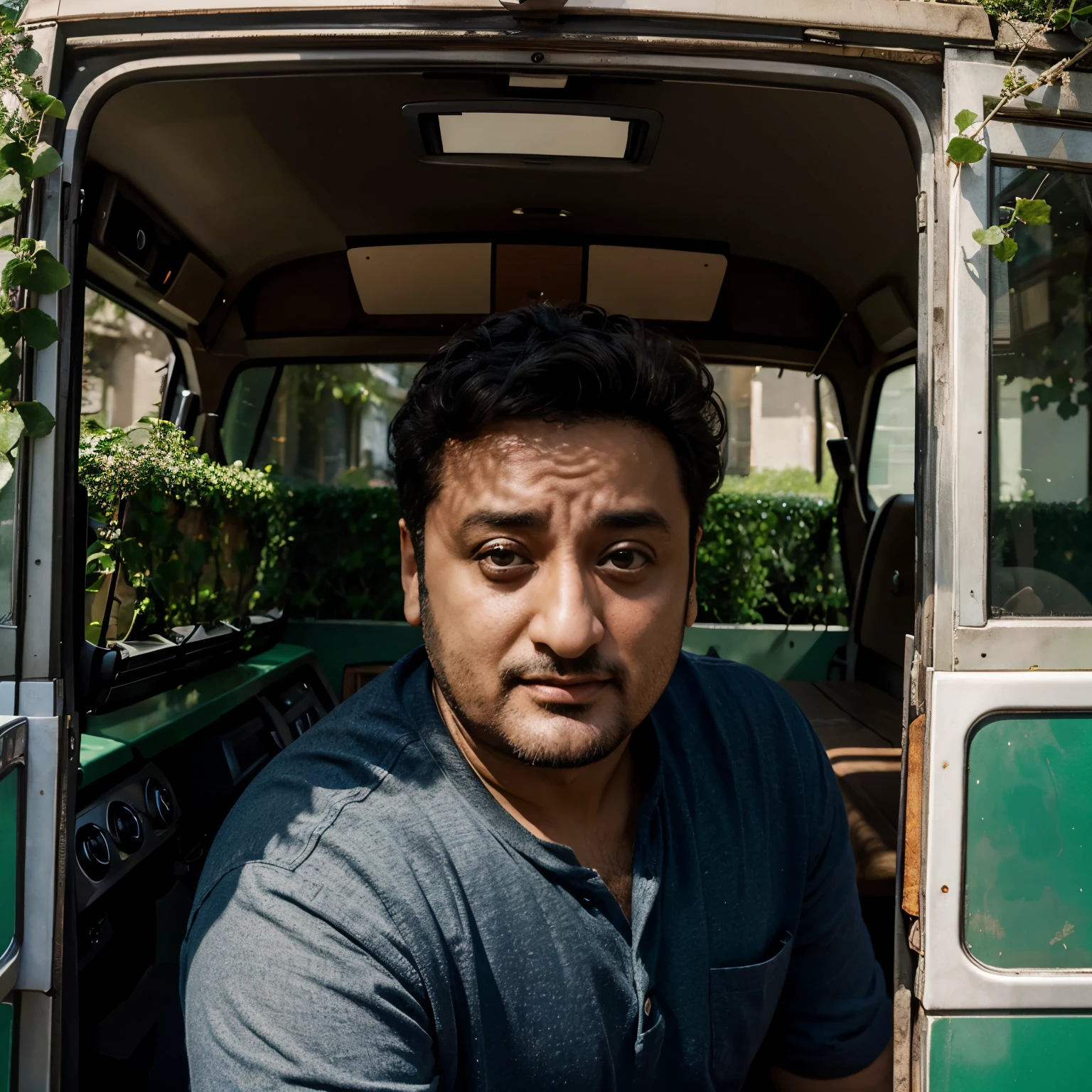 Hanouna in a truck surrounded by ivy