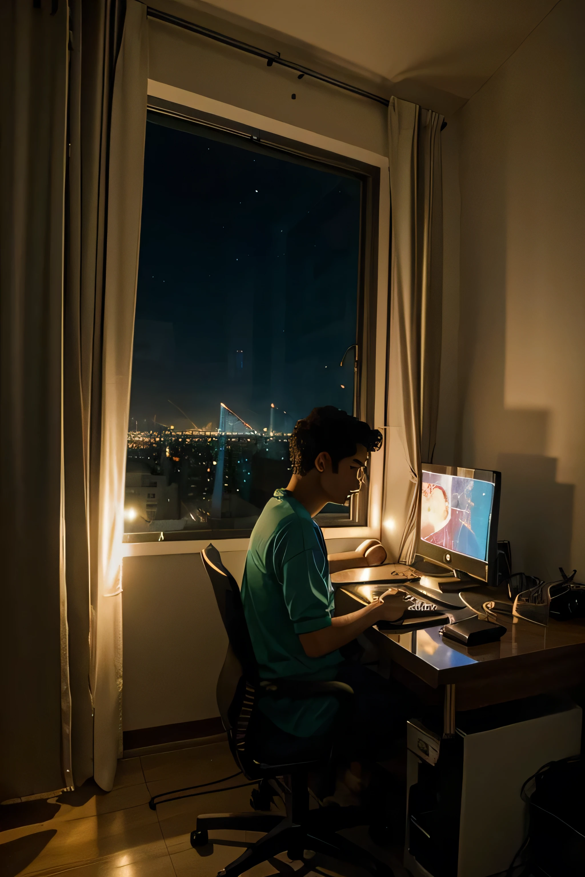 chico frente a su computadora encendida en su cuarto, con una ventana dejando ver la ciudad en la noche al estilo de estudio ghibli
