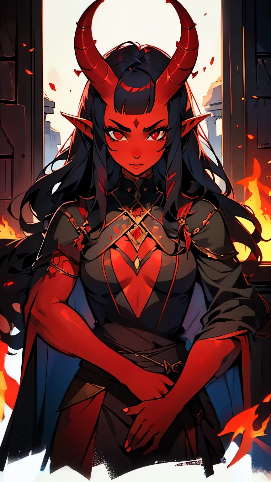 1 mature girl, tiefling, solo, red-skinned girl, red skin, black hair, long black hair with curtain bangs, elf ears, red eyes, horns on forehead, oni horns, 8k, highdef, ultrares, high quality face, high quality