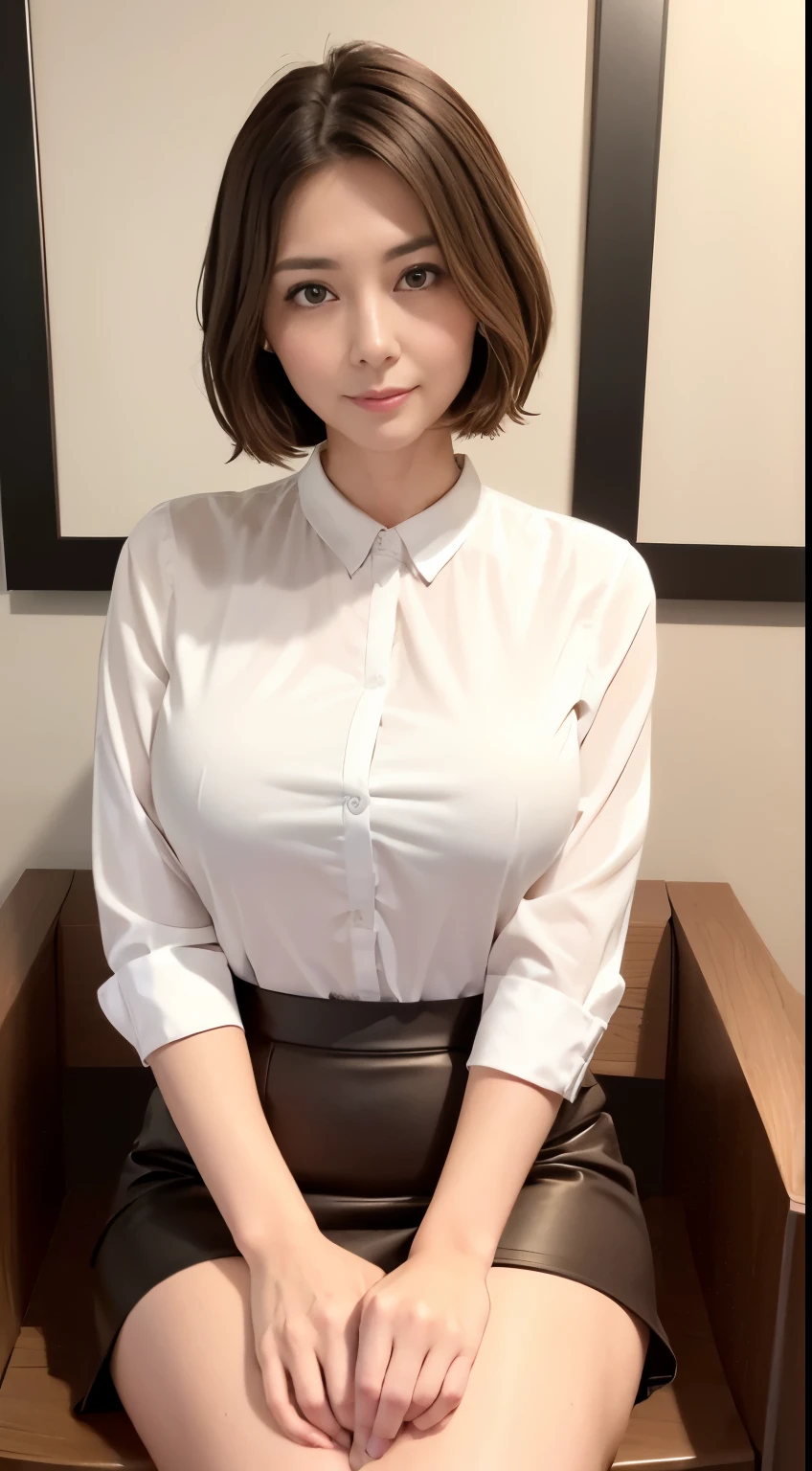 ((highest quality、8k、masterpiece:1.3)), whole body, long legs, sharp focus:1.2, beautiful woman with perfect figure:1.4, slender abs:1.1, The background is an office with a desk, ((shortcut、big breasts:1.2)), (wearing a white collarless shirt, She wears a dark brown tight skirt, はち切れんばかりのbig breasts, seductive cleavage, slim and toned waist, Counseling while sitting on a chair:1.2), Highly detailed face and skin texture, detailed eyes, double eyelid, 25 year old woman, mature woman, upward glance