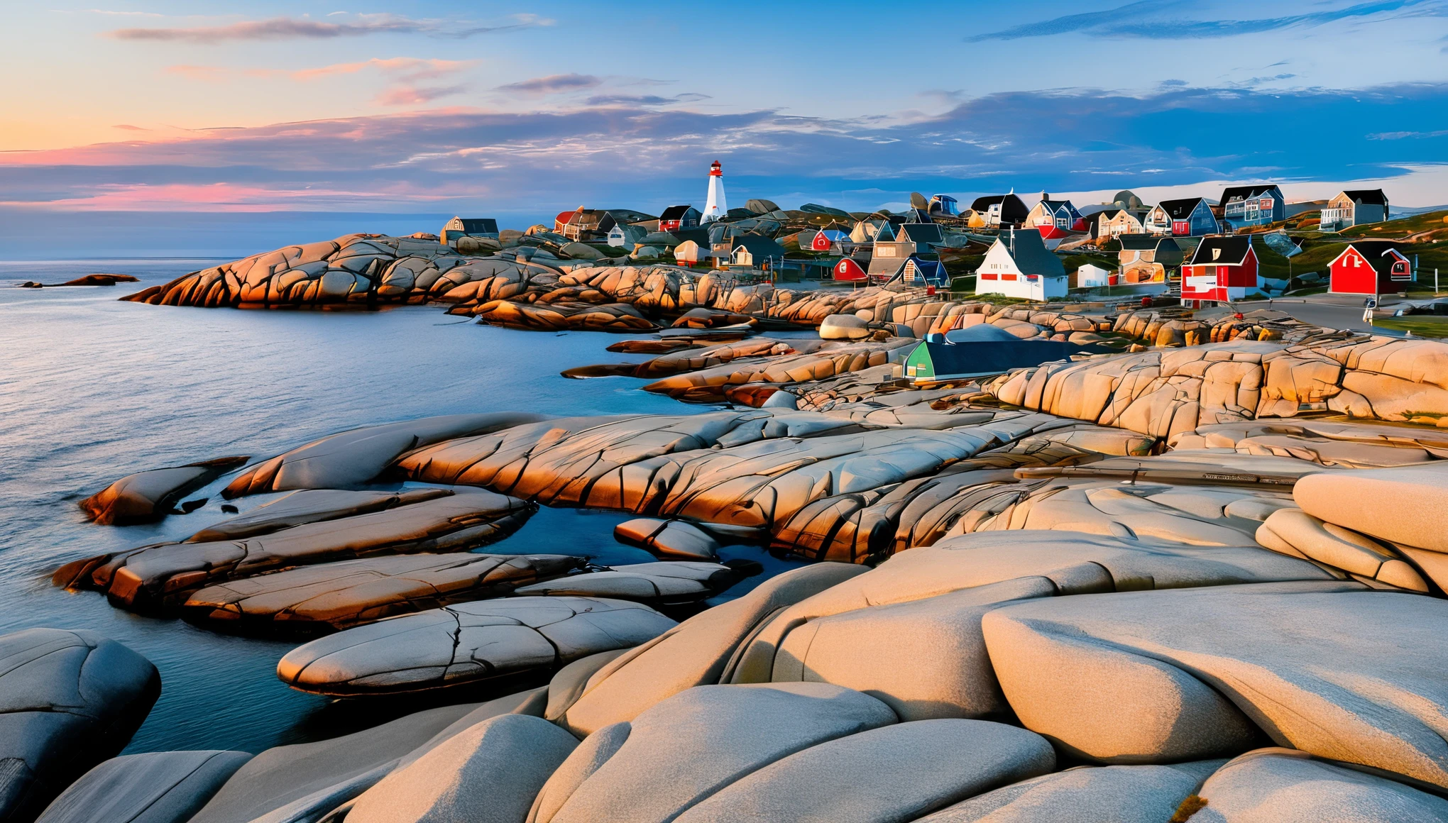 Canada's horseshoe-shaped Peggy's Cove in the center of the picture,There are rocks on both sides,Huge sunset,(坐在堤坝吃lobster的中国短发女学生背影:0.85),post office,lobster,sunglasses,Backpack,cigarette case