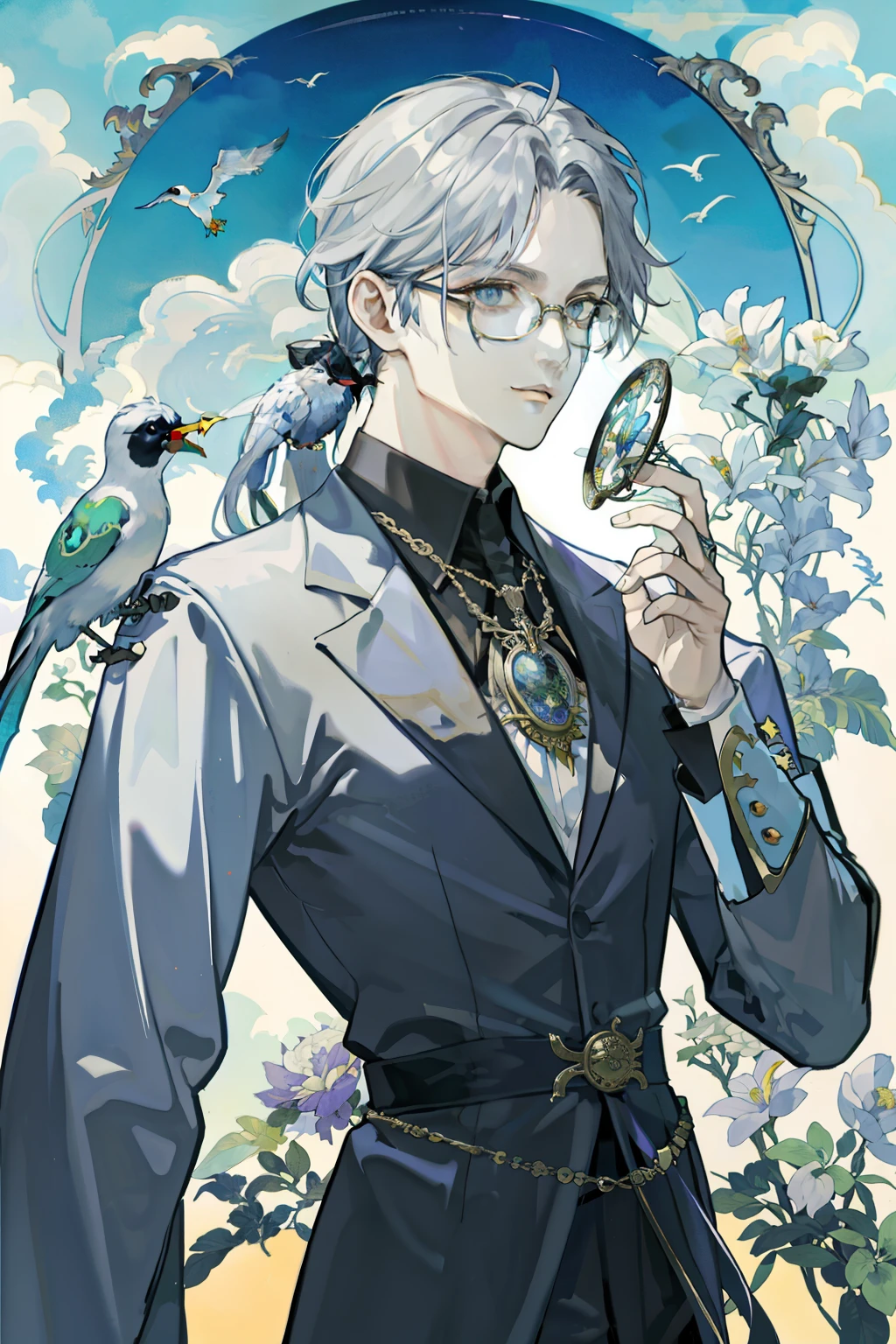master piece,best quality,1 male,As an adult,the fool\(tarot cards\),Bird,joker,symbolism,visual art,occultism,general,phantom casting,philosophy,iconography,numerology,Popularity,artistically,Alphonse Mucha,man with silver low ponytail,magical,round frame glasses,Noble,Mysterious,
