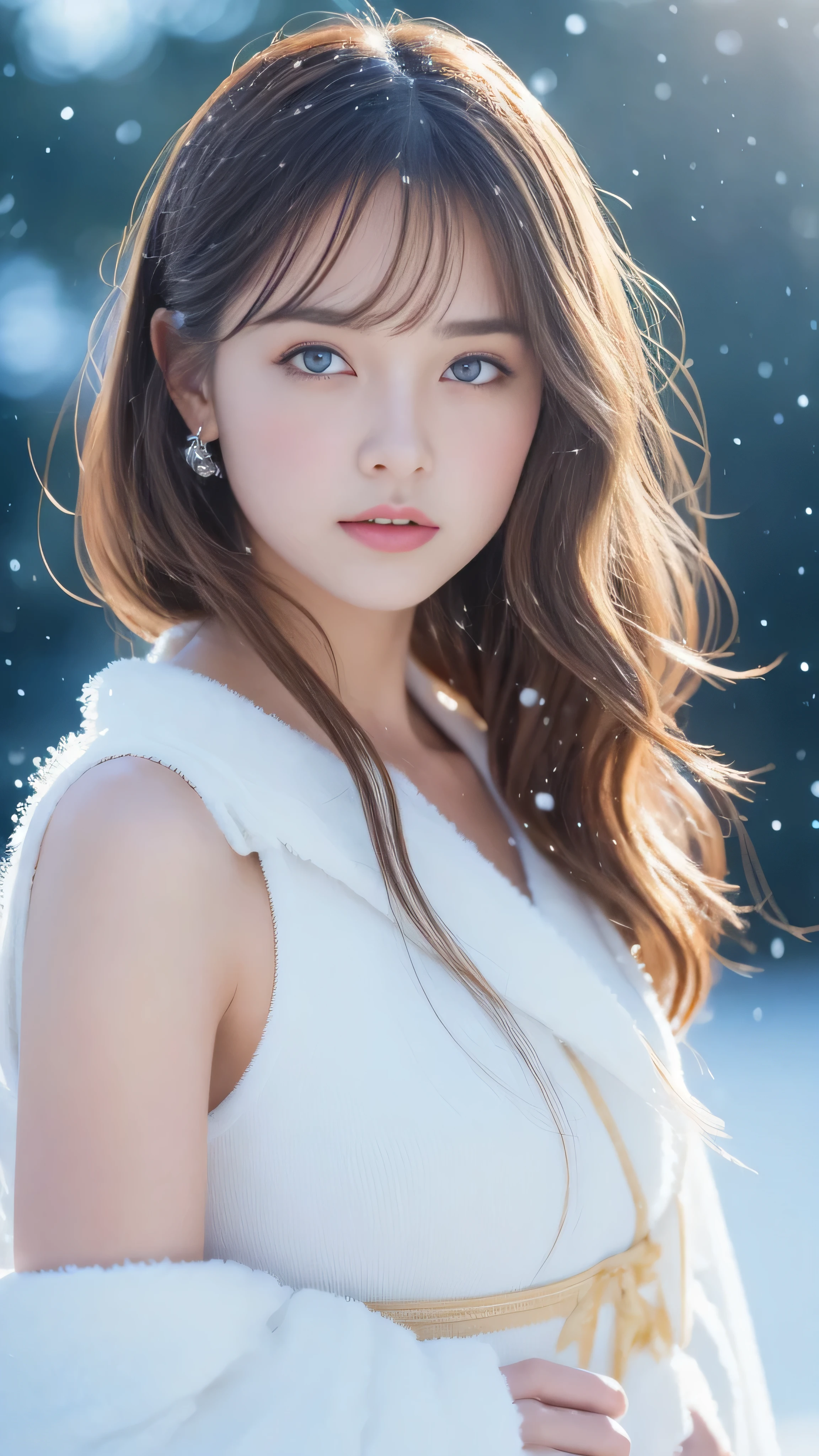 (highest quality, 8k, 32K,details are very clear),realistic, High resolution, 1 Japanese woman, alone, (lolita costume),luxurious costume,towards the audience,(Upper body,upper limbs), beautiful eyes, brown hair, Ring-shaped eyes, (outside,heavy snowfall,fur cape,cover with snow),snowfield,blue eyes,highest qualityのイラスト,detailed facial features、swimsuit