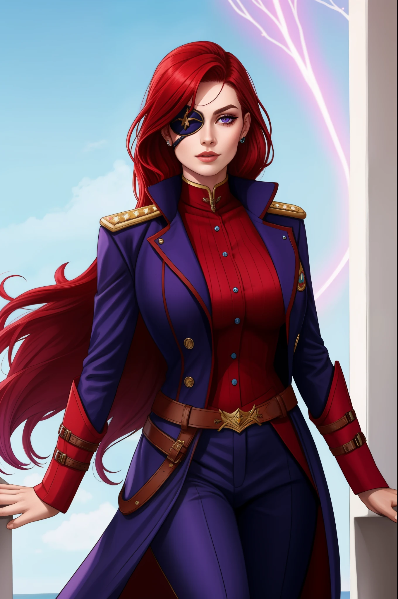Captain Alexandra Nelly: bright red hair with purple streaks, deep blue left eye with a faint magical glow, right eye covered by a plain eye patch concealing a scar extending across the right side of her face. Wears a practical yet stylish captain's outfit: tailored coat, rugged trousers, and boots suitable for sky navigation. Her aura is one of determination, resilience, and a touch of mystique, hinting at her human and magical heritage.