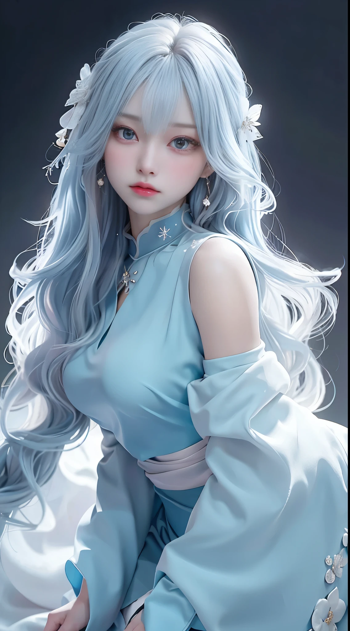 ((best quality)), ((masterpiece)), (detail:1.4), Beautiful cyberpunk Japanese female image,Sixteen years old, north african trade zone(high dynamic range),Ray tracing,NVIDIA RTX,super resolution,Unreal 5,subsurface scattering,PBR texture,Post-processing,Anisotropic filtering,depth of field,Multi-layered textures for maximum clarity and clarity,Albedo and specular maps,surface coloring,Mitsu-accurate simulation of material interactions,Perfect proportion,Render by Octane,dichroic light,Large aperture,Low ISO,white balance,Three rules、8K raw data、Beautiful bright red pupils,off shoulder clothing,excellent student,Light blue gradient on pure white hair,Exquisite face and eyes,round face, tearful eyes, long eyelashes,blush blush,Fine and fluffy hair,lips,pure,cute face,sweet girl,Artistic sense,casual wear,luxury,snowflake,petal,snowflake, Thorns snow background, beautiful hair accessories,Long hair to waist,hair blowing in the wind,snow white cat ears, curly
