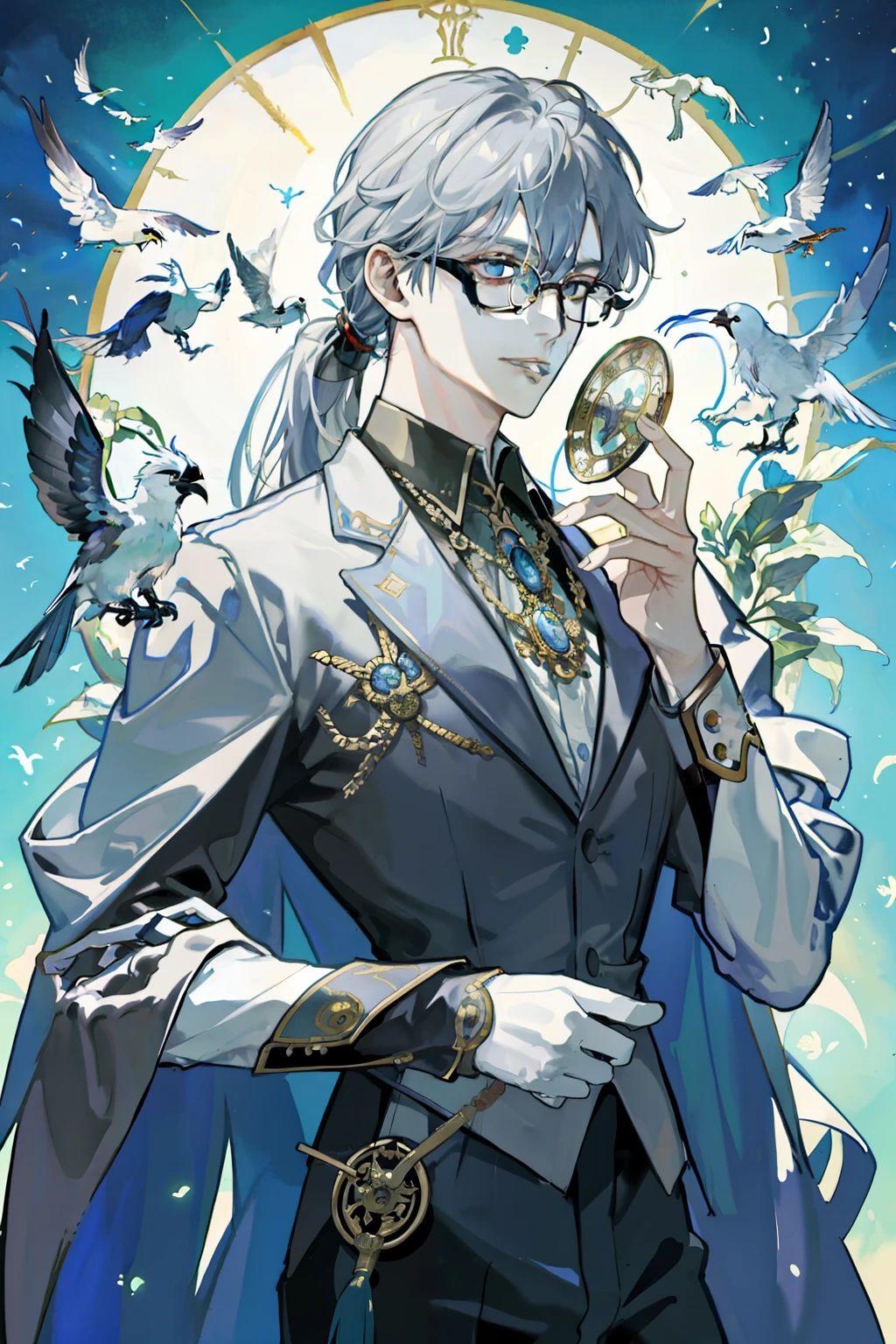 master piece，best quality，1 male，As an adult，the fool\（tarot cards\），Bird，joker，symbolism，visual art，occultism，general，phantom casting，philosophy，iconography，numerology，Popularity，artistically，Alphonse Mucha，man with silver low ponytail，magical，round frame glasses，Noble，Mysterious，