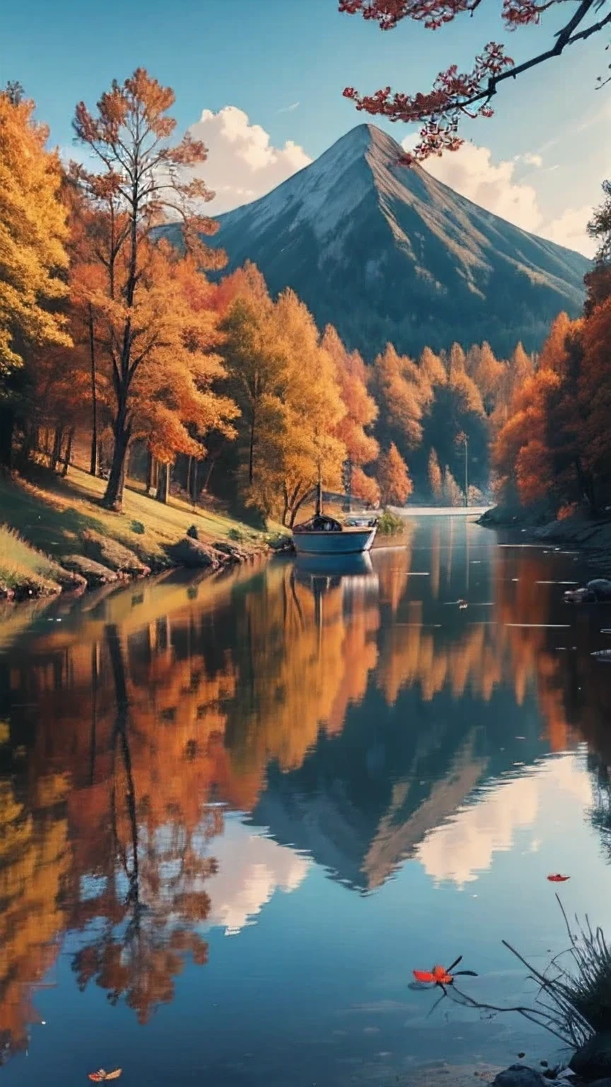 A mesmerizing art piece for your phone screen background, depicting a tranquil scene of glistening water reflecting the vibrant hues of autumn leaves. A solitary boat glides gracefully upon the calm surface, capturing the essence of serenity and solitude. This picturesque painting showcases intricate details and realistic textures, creating a visually stunning masterpiece. The composition is bathed in soft, cinematic lighting, bringing the artwork to life with its vibrant colors and sharp focus. Immerse yourself in the breathtaking beauty of this 8K HDR artwork, perfect for adorning your phone screen with a touch of artistic elegance.