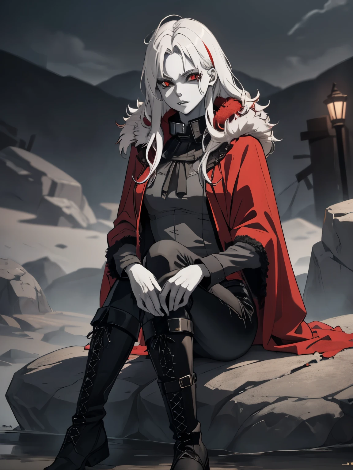 Masterpiece, best quality, 8k, dramatic lighting, 1girl, (((colorless skin, white skin))), white hair, solo, (long hair, straight hair), red eyes, snake eyes, red eyeliner, looking at viewer, upper body , armor, multicolored hair, red hair streaks, small breasts, albino, eye wrinkles, ((ragged clothes, long sleeve , torn clothes, dark gray clothes, black pants, tall boots, wearing rags, red cloak, fur lined collar)), ((dirty clothes)), sitting on rocks, night time,