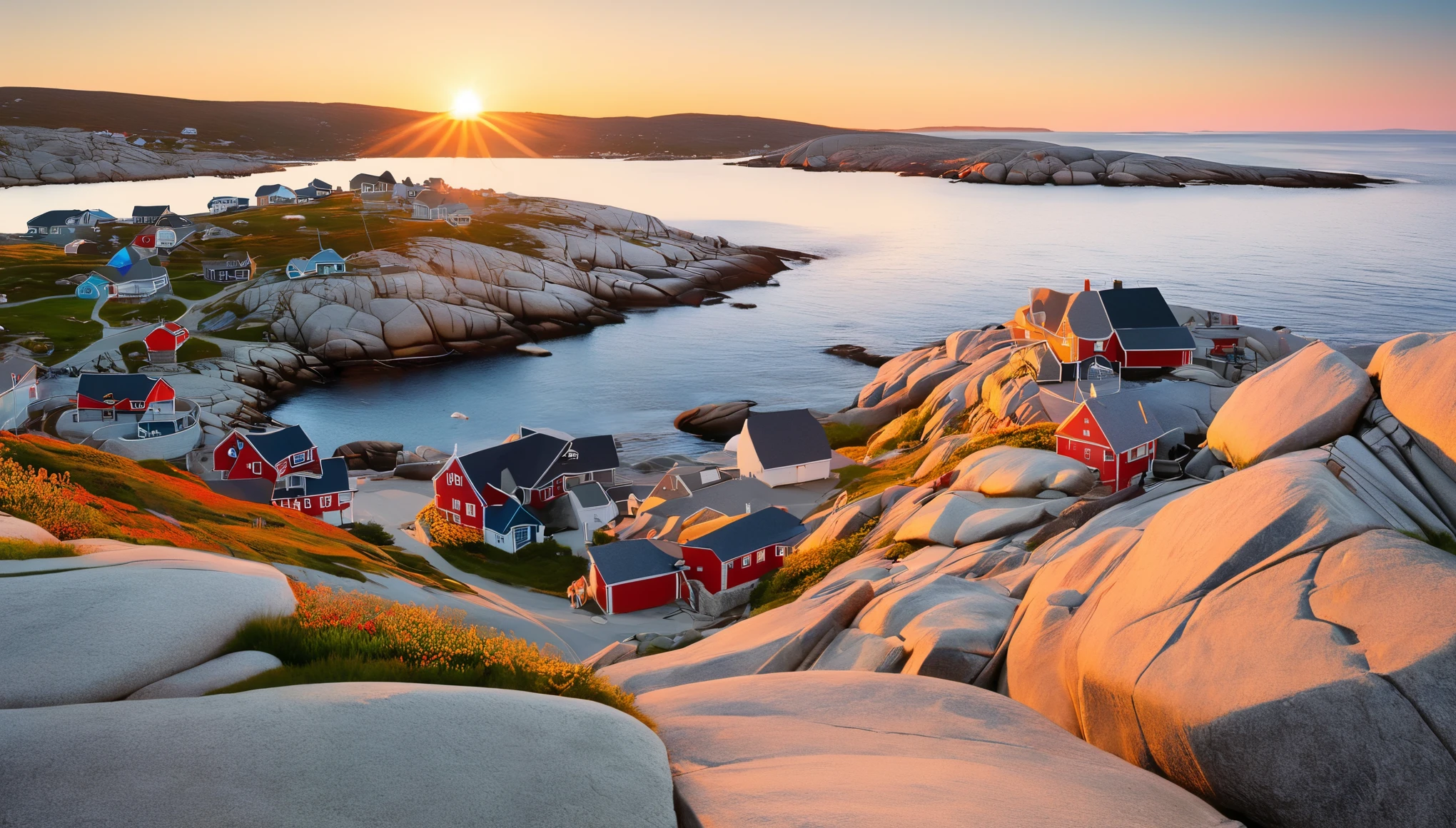 (坐在堤坝吃lobster的中国短发女孩背影:0.85),Canada's horseshoe-shaped Peggy's Cove in the center of the picture,There are rocks on both sides,Huge sunset,,post office,lobster,sunglasses,Backpack,cigarette case