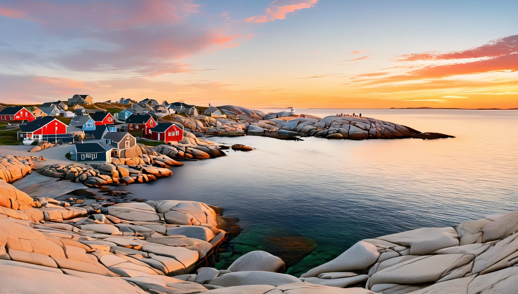 (坐在堤坝吃lobster的中国短发女孩背影:0.85),Canada's horseshoe-shaped Peggy's Cove in the center of the picture,There are rocks on both sides,Huge sunset,,post office,lobster,sunglasses,Backpack,cigarette case