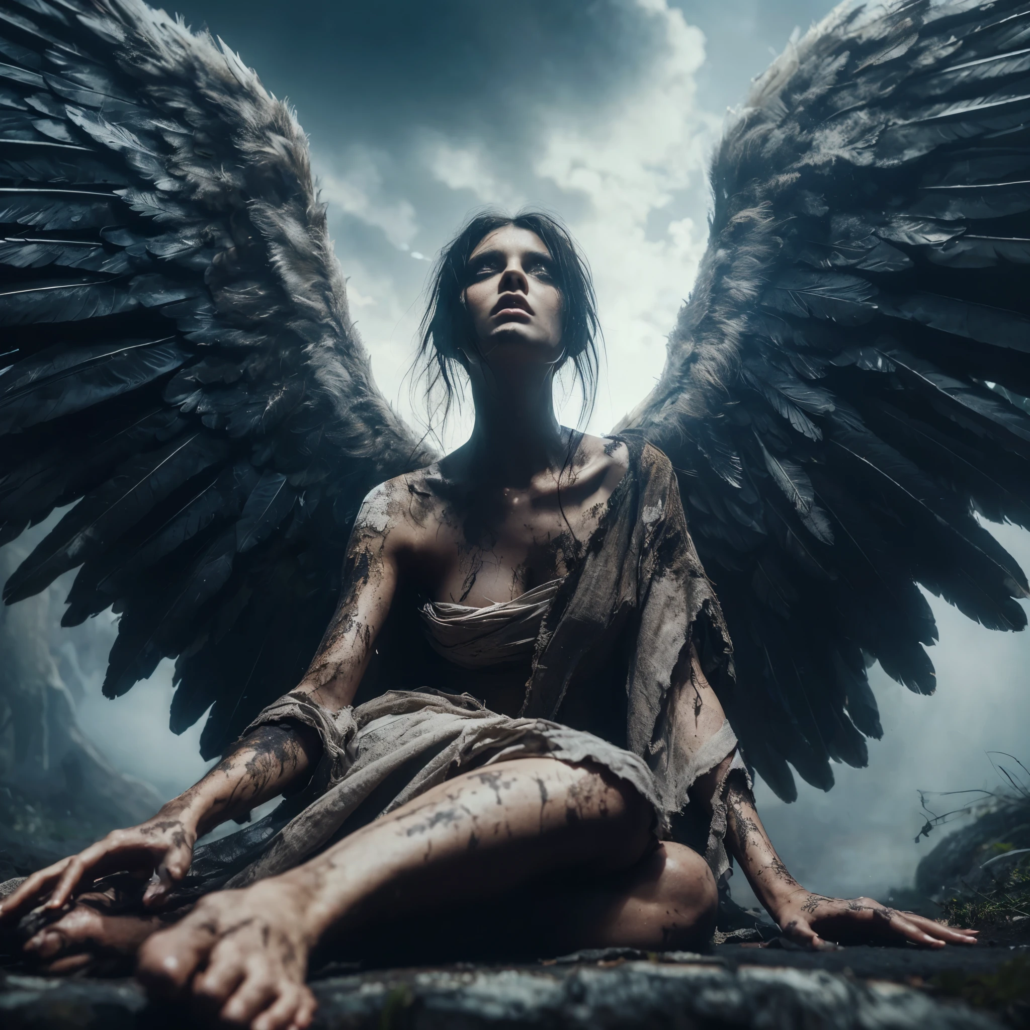 woman naked sitting in a field with birds flying around her, harpy woman, dark fantasy mixed with realism, feral languid woman, dark fantasy art, in style of dark fantasy art, dark fantasy horror art, pagan goddess, fantasy dark art, spiritual eerie creepy picture, gothic fantasy art, moody misty fantasy art, ravens stormy sky of foreboding