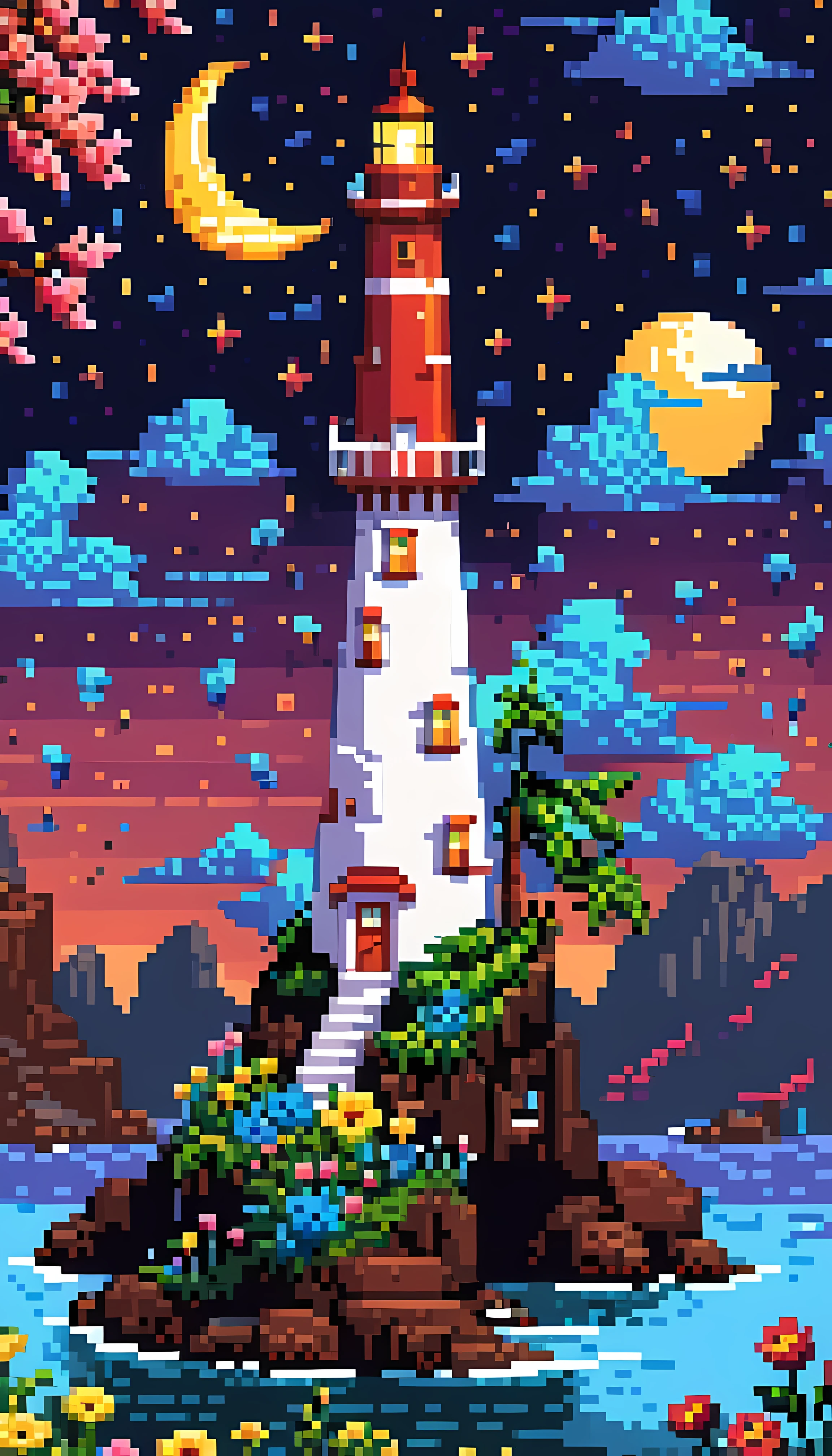 Pixel art, masterpiece in maximum 16K resolution, superb quality, a whimsical tall lighthouse on a floating big island, the lighthouse has playful design, the floating island has colorful flowers and whimsical trees, night sky with winkling stars, a shooting star, a crescent moon, dreamy color palette. | ((More_Detail))