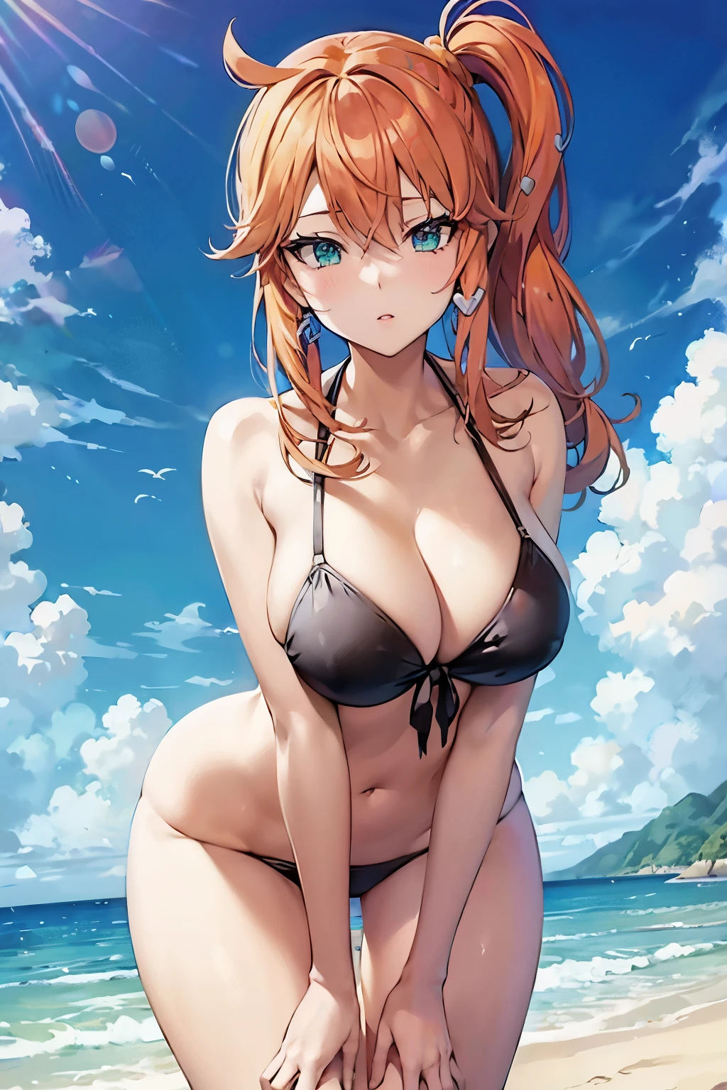on the beachポーズをとるビキニのアニメの女性、solo、long orange hair woman、Green Eyed Woman、One-sided up-up hair、seductive anime woman、 realistic bikini、swimsuit、beautiful anime woman、4K style、is wearing a swimsuit、attractive anime girl、on the beach、highly detailed art germ, tall woman、adult sex appeal、sexy atmosphere、big breasts、woman with very large breasts、tits、Gapmoet tsundere、cleavage、bikini with an black top、bikini with an black bottom、whole body、a woman is standing、anime moe art style、naughty anime style、digital anime art!!、female focus、Smooth anime CG art、in a triangle bikini、beautiful anime woman