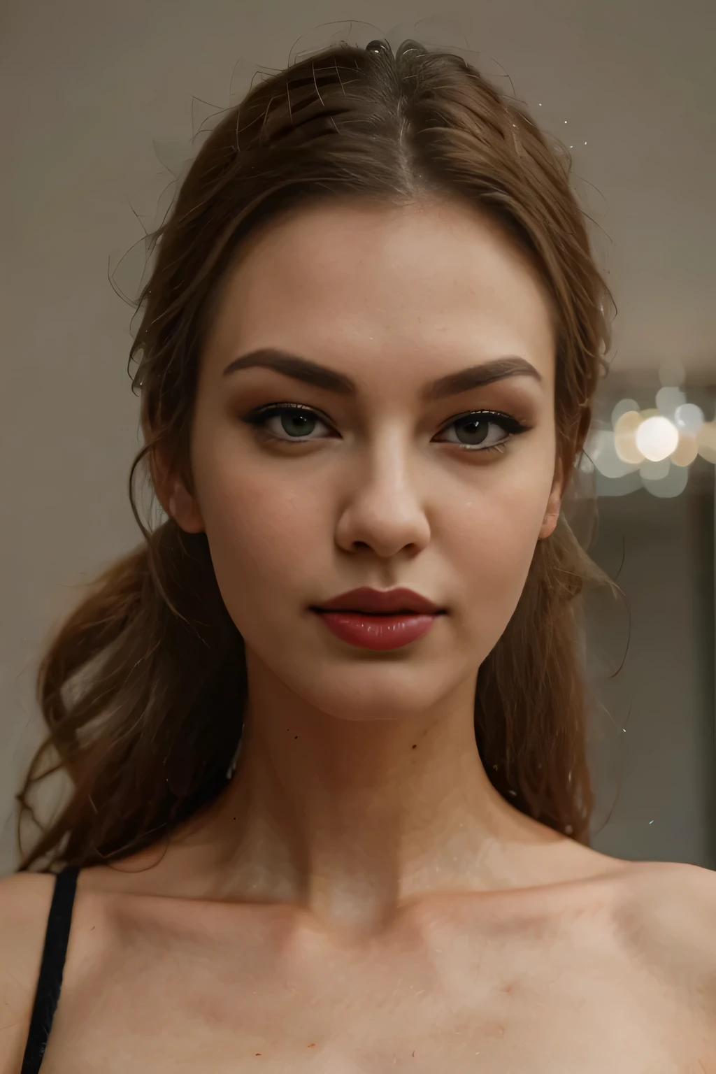 (masterpiece), (extremely intricate:1.3), (realistic), a close up of a woman, most beautiful woman, pouty lips, focus on lips, dark red lips, face close up, calm look, calm but dominating look, smile, close up face, dark lips, face, most beautiful realistic face, mouth shut, green eyes, mouth shut, lips tight, pouting, looking straight at camera, facing camera, directly in front, mouth completely shut, hair slick back, hair brushed back, looking directly into camera