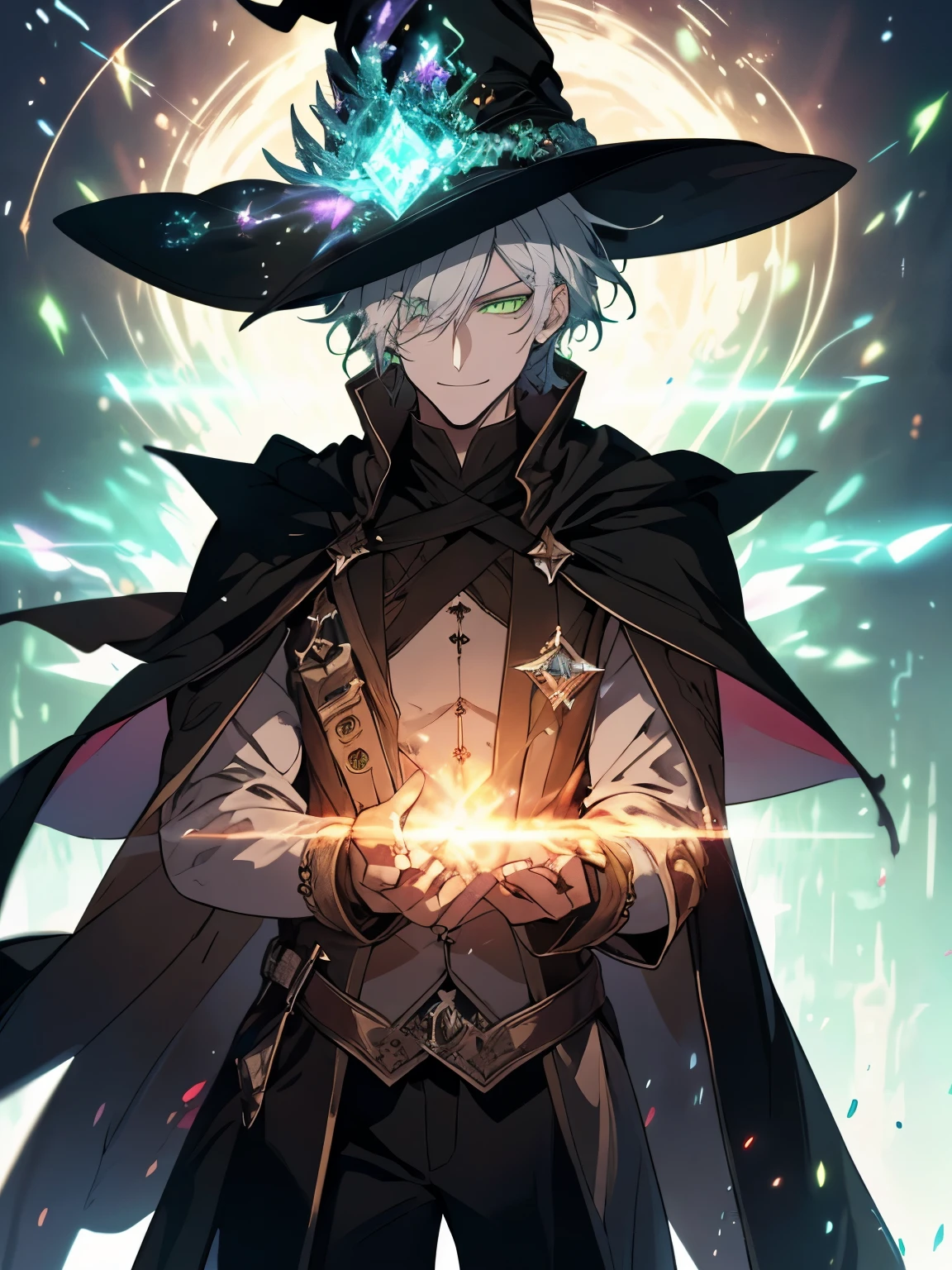 (ultra-detailed, perfect pixel, best quality, finely detailed), male, wizard, full of magic aura, smirk facial expression, glowing green eyes, short hair, white hair, black middle age outfit, witch point hat, elegant, the background is full of magical particles. lens flare, glowing light, reflection light, 8k, super detail, accurate, best quality, Ray tracing.