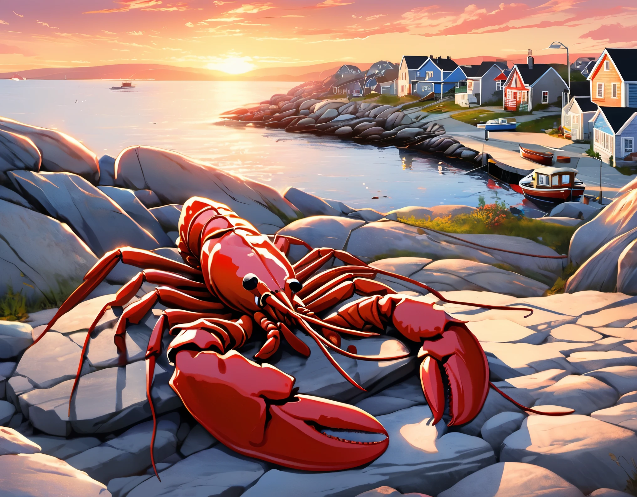 (一个吃lobster的中国短发女孩背影:0.85)Sitting on the embankment,background:Horseshoe-shaped Peggy's Cove, Canada,seawater,There are rocks on both sides,Huge sunset,post office,(lobster),sunglasses,Backpack,cigarette case