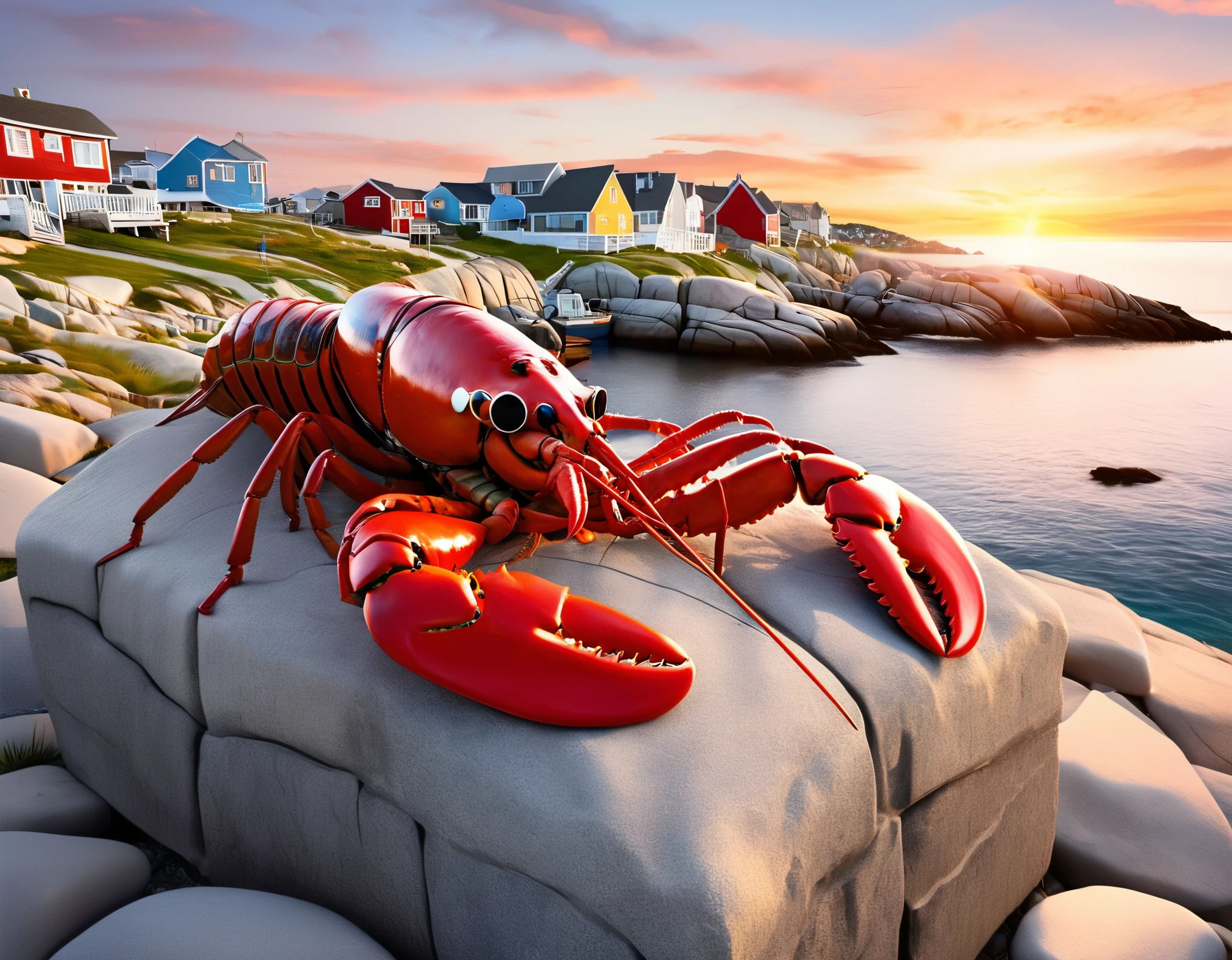 (一个吃lobster的中国短发女孩背影:0.85)Sitting on the embankment,background:Horseshoe-shaped Peggy's Cove, Canada,seawater,There are rocks on both sides,Huge sunset,post office,(lobster),sunglasses,Backpack,cigarette case