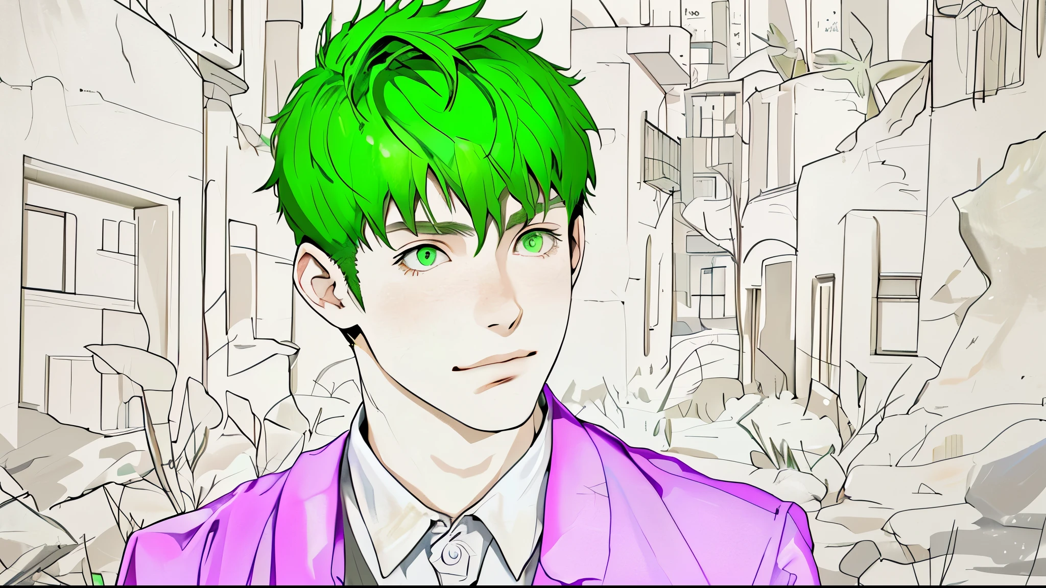 He is a 16 year old boy, cute, green eyes, green hair. , detras de el se ve una hermosa ciudad den el desierto