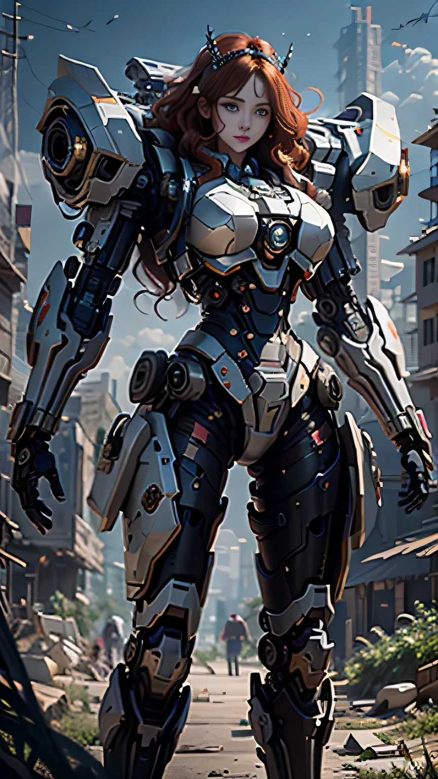 ((Best Quality)), ((Masterpiece)), (Very detailed: 1.3), 3D, Shitu-mecha, red background, Beautiful cyberpunk woman wearing crown with her mecha in ruins of a city in forgotten war, long red hair, sci-fi technology, HDR (High Dynamic Range), ray tracing, NVIDIA RTX, super resolution, unreal 5, subsurface scattering, PBR texture, post-processing, anisotropic filtering, depth of field, maximum sharpness and sharpness, multi-layer texture, Albedo and specular mapping, surface shading, accurate simulation of light-material interactions, perfect ratios, octane rendering, duotone lighting, low ISO, white balance, rule of thirds, wide aperture, 8K RAW, high efficiency sub-pixels, subpixel convolution, luminous particles, light scattering, Tyndall effect