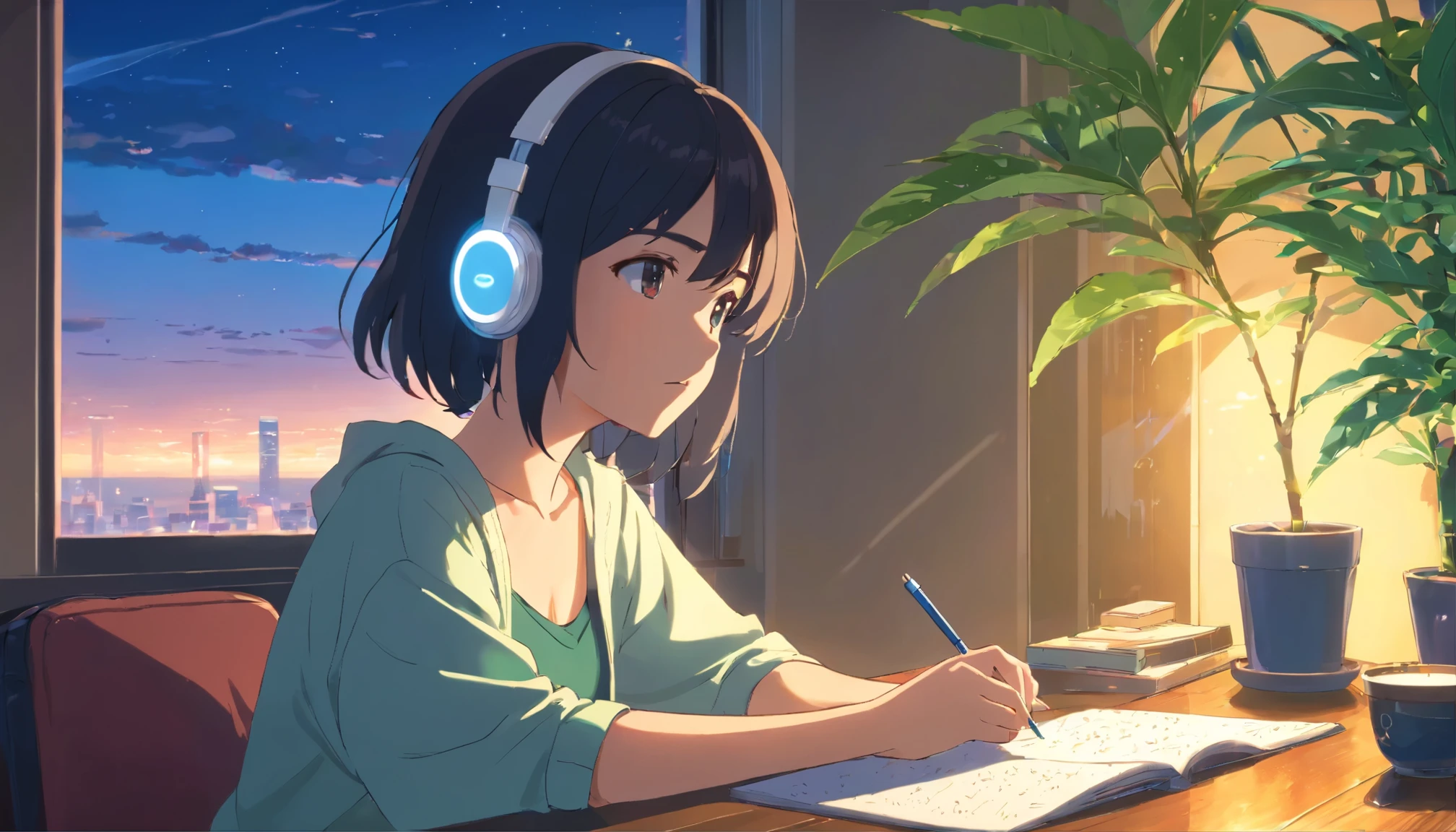 anime girl with white headphones, looking out a window at a city, black hair, lofi girl, anime vibes, lofi artstyle, anime style 4k, anime aesthetic, nightcore, lofi feel, lofi art, anime art wallpaper 4k, anime art wallpaper 4k, anime wallpaper 4k, anime wallpaper 4k, lofi vibes, studying, skirt, Tank-top, midriff-baring outfit, plants in the room, have a pen, writing in a notebook, a mug on the table, a lighted candle on the table, anime style, cinematic lighting, masterpiece, best quality, 4K