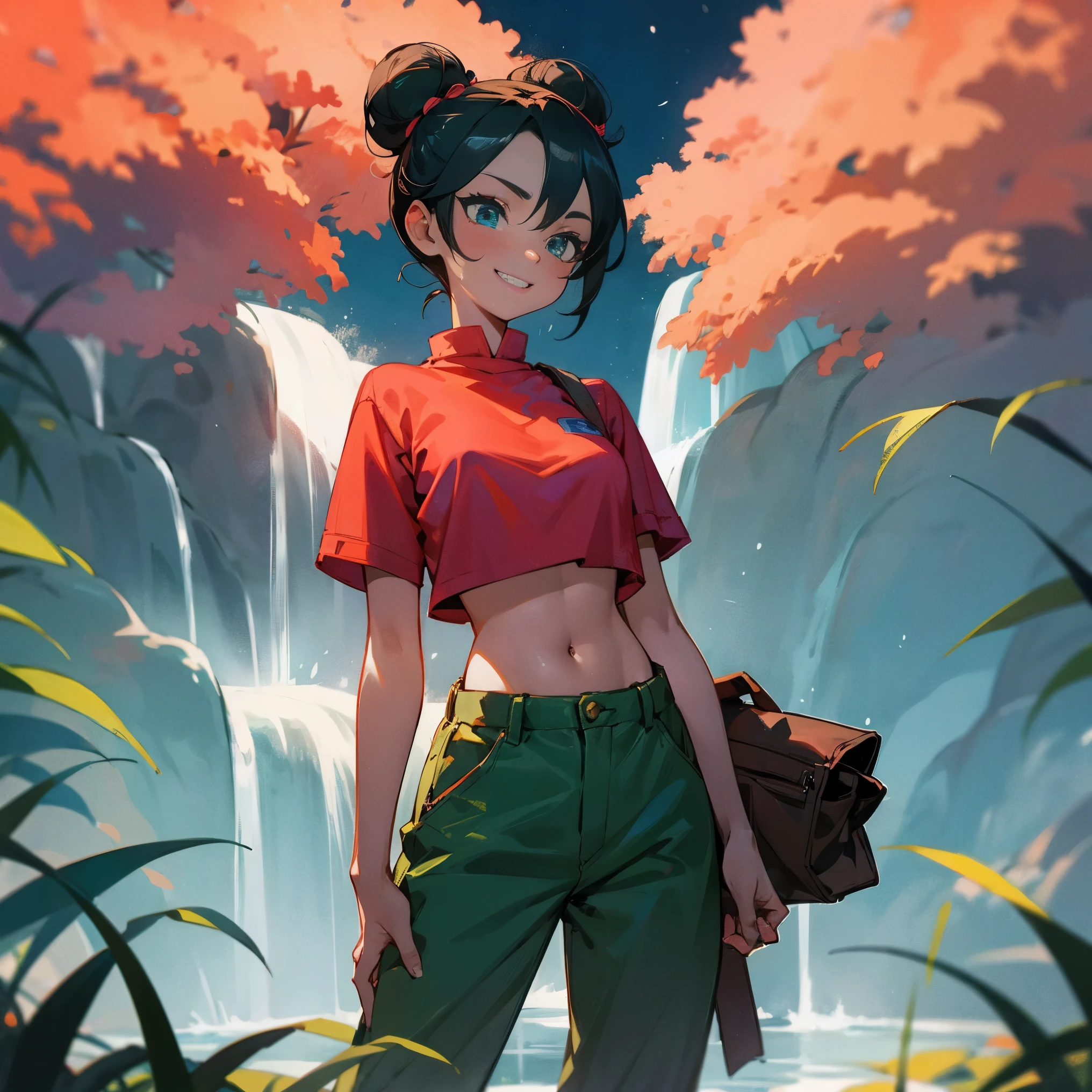 1female, adult, medium breast, tan skin, finely detailed coral eyes, short wavy buns, teal and green ombre hair color, crop top, loose baggy pants, tattoos, blushing, standing in flower field, waterfall, night, cocky grin, village background, delinquent 