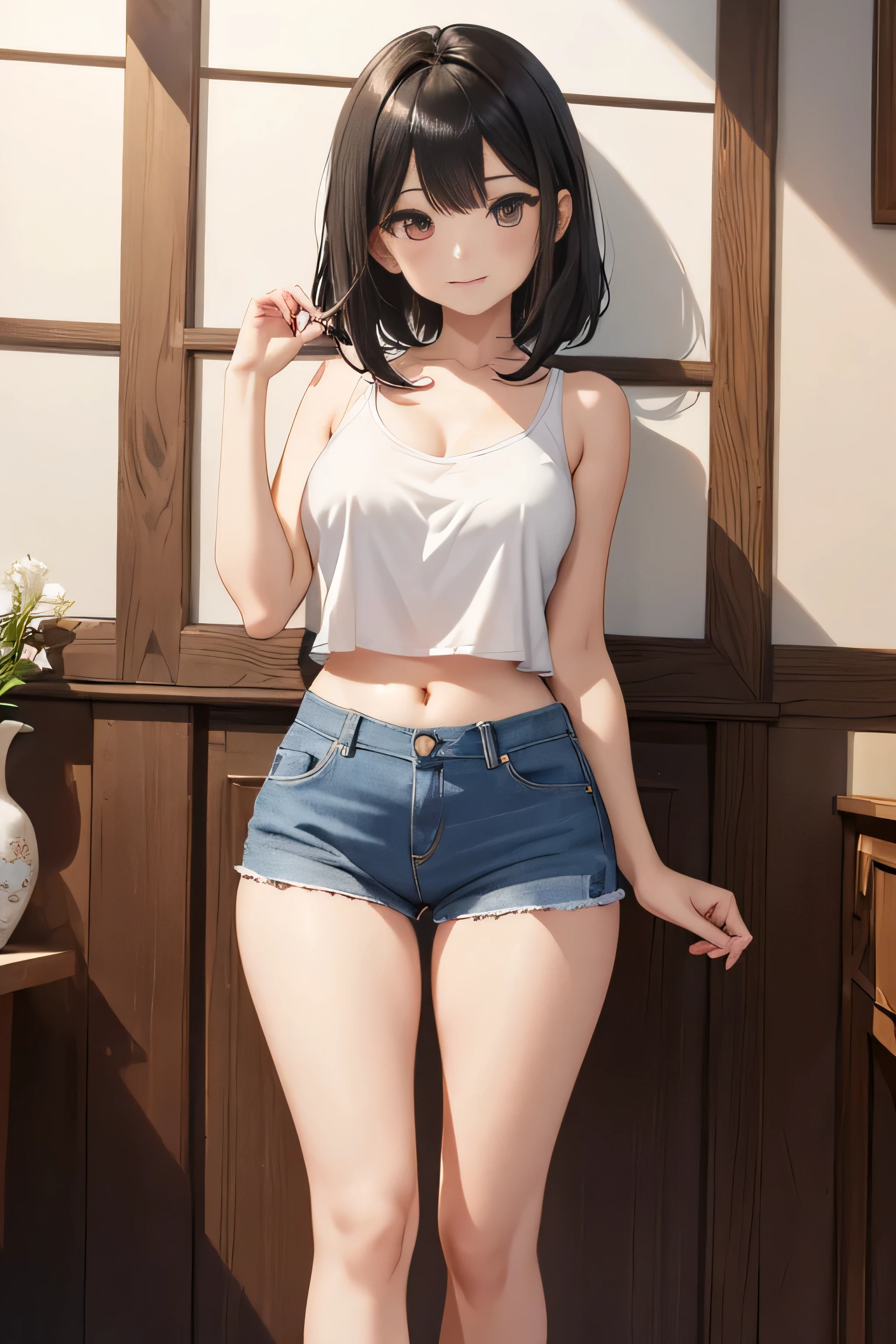 ((highest quality)), ((masterpiece)), (become familiar with), perfect face、最高のbeauty、the most beautiful woman、beauty、cute、very well-groomed face、woman with good style、beautiful figure、I can see your belly button、I can see a little of the chest、lightly dressed、wearing a white shirt、Wearing a tank top shirt、wearing hot pants、wear sandals、Woman in her mid-20s、looking here、smile slightly、well-formed body shape、((shoulder length black hair))、極上のbeauty、最高にcute顔、stand on a stick、stand up straight、立ってlooking here、stand upright、one woman、Bewitching、adult woman、Empty-handed、(((Don&#39;don&#39;t have anything)))、frontからのアングル、front、no pose、stand up、真frontから映した構図、summerの装い、summer、Elaborately drawn face、真front、極上のbeauty