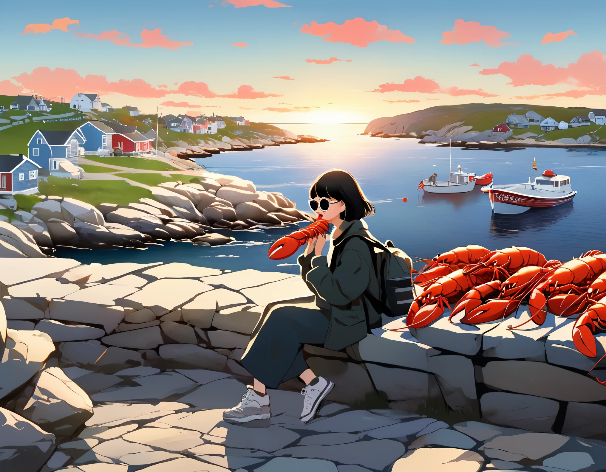 (A Chinese girl with short hair is eating lobster:0.85),Sitting on the embankment,background:Horseshoe-shaped Peggy's Cove, Canada,There are rocks on both sides,Huge sunset,post office,sunglasses,Backpack,cigarette case