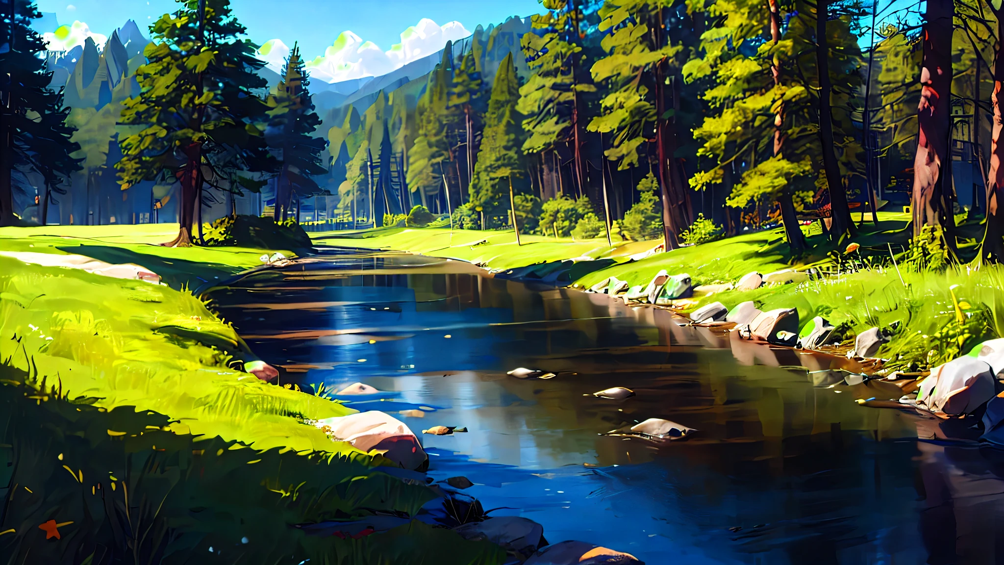 Grass park near a small river in the forest