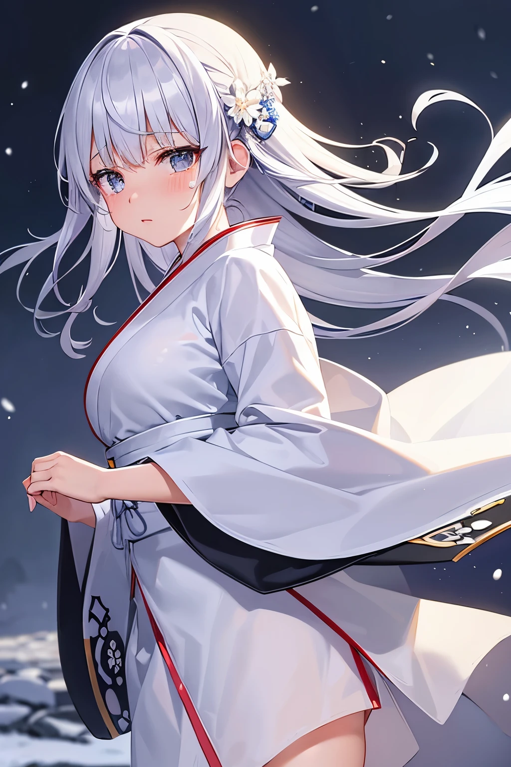 masterpiece,highest quality,(Night of the Snowstorm)Dressed in a white kimono(adult woman)is looking at you。With tears in my white eyes、A tear fell down。silver hair blowing in the wind。The whole body is thin and translucent。The background is a snowy scene。Are crying。angry。
