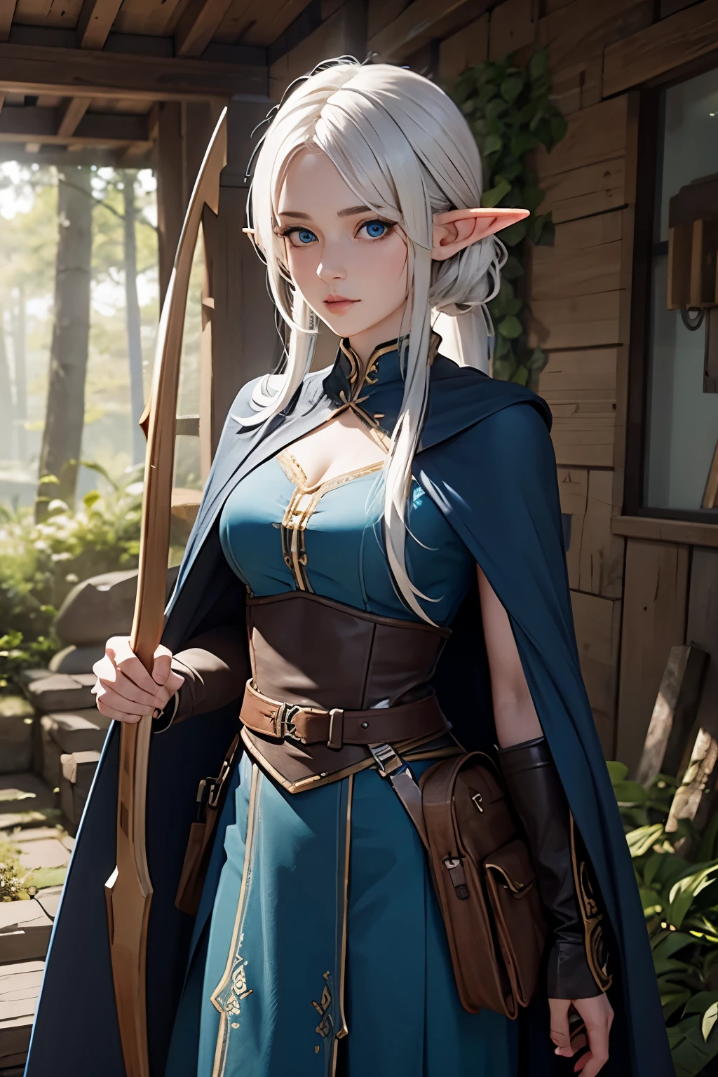game characters, 3d renders, octane renders, (unreal engine), 8k, hd, 1girl, wearing blue waistcoast, elf girl, black cape, forest, holding an archery bow and quiver on back, white hair, pale skin, dense forest