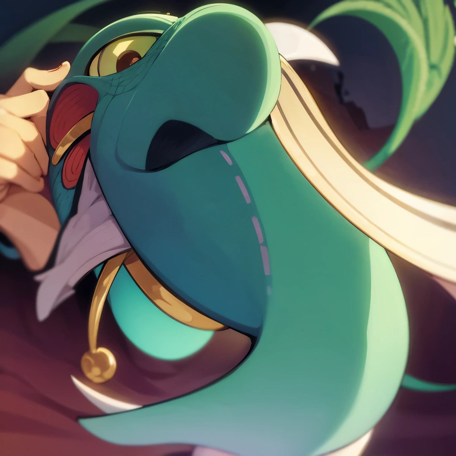 A female chameleon with a humanoid appearance with scales that gradient from blue to green, com postura e olhar desafiador e confiante, com um vestido social, feminino e leve
