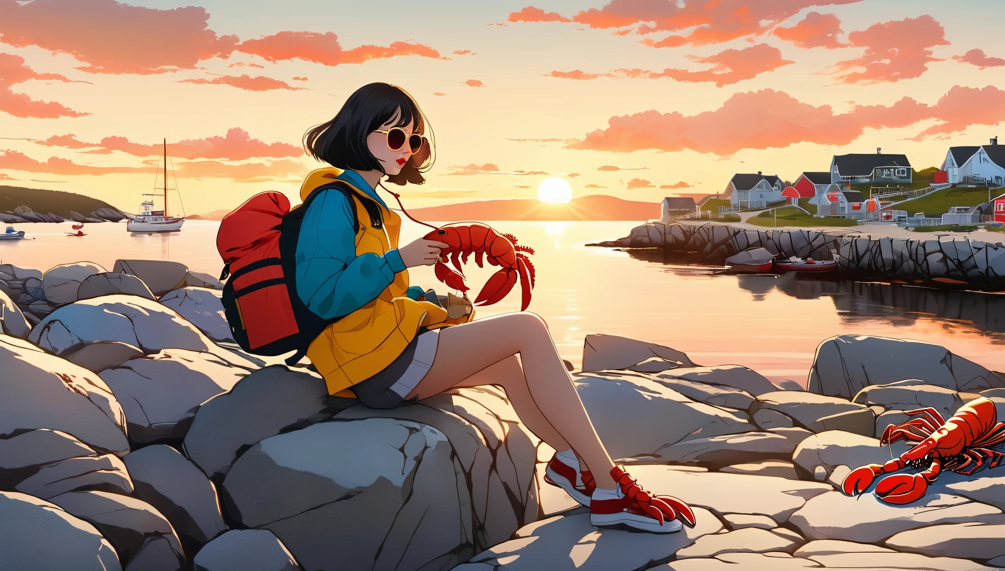 （A Chinese girl with short hair is eating lobster：0.85），Sitting on the embankment，background：Horseshoe-shaped Peggy&#39;s Cove, Canada，There are rocks on both sides，Huge sunset，post office，sunglasses，Backpack，cigarette case