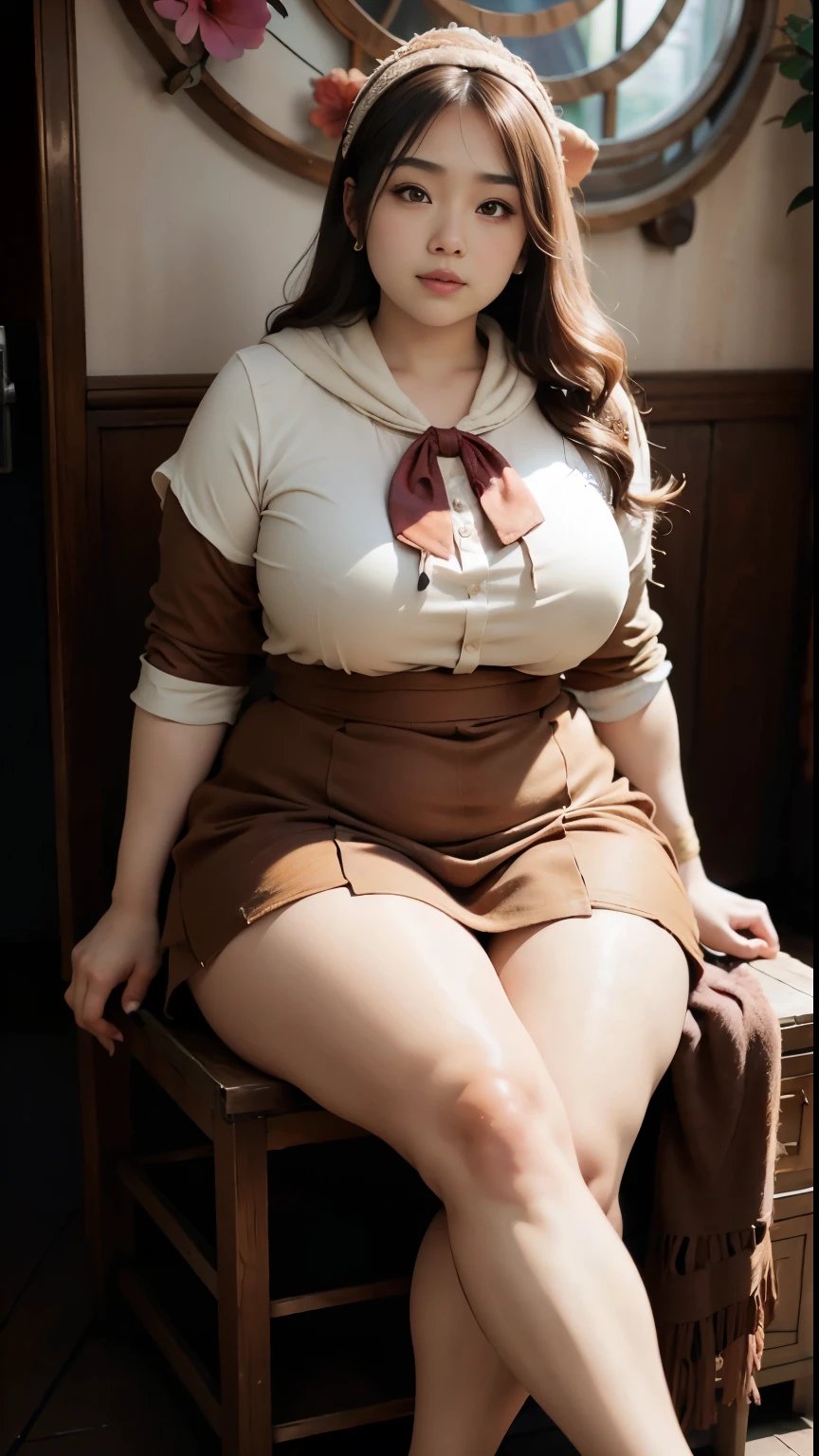 there is a woman sitting down with a longest brown hair, bbwchan, thicc, brown hijab outfit, brown hairstyle model, korean girl, korean woman, wearing brown robe, full length shot, alluring plus sized model, japanese goddess, clothed in hooded, voluptuous and arousing, portrait shot, curvy model, voluptuous body, wonderful, nene tanaka body , bbwchan, The overall atmosphere is smooth , haunting illustrations, extremely high-resolution details, photographic, realism pushed to extreme, fine texture, 4k, ultra-detailed, high quality, high contrast, red sneakers , cold atmosphere ,,