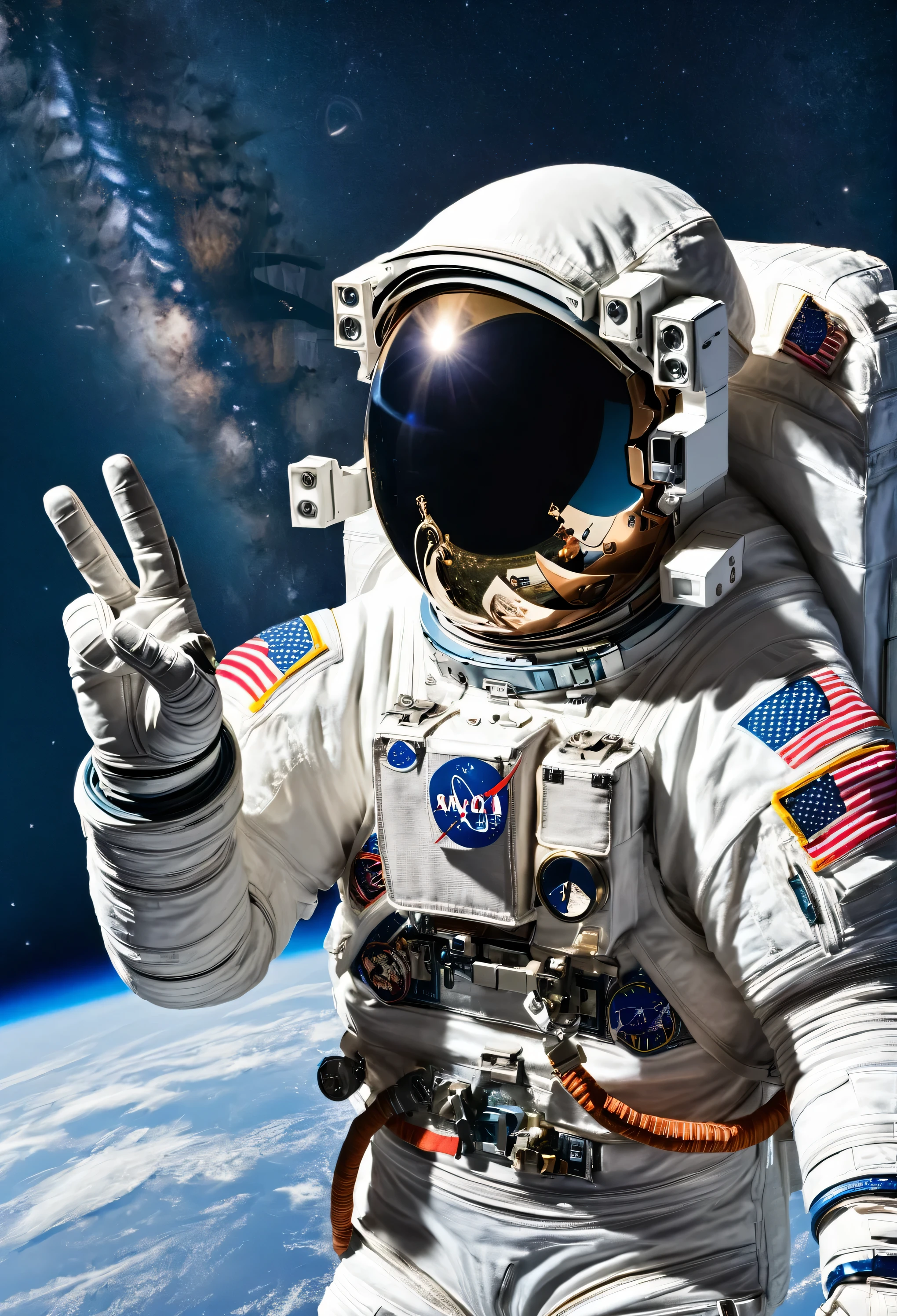 a male astronaut in space wearing full space suit, white, no flags, doing the peace sign, posing to the camera