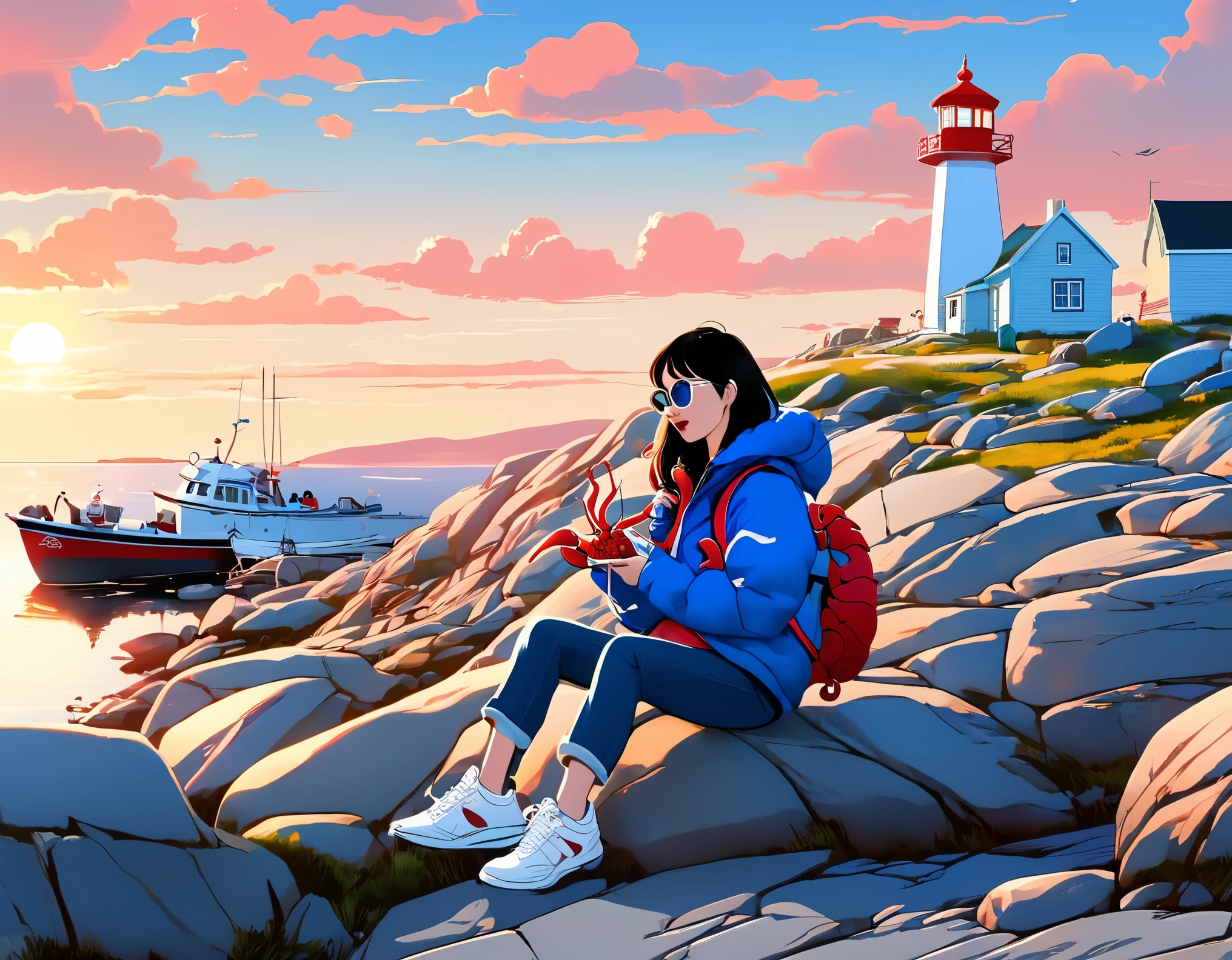 （A Chinese girl with short hair is eating lobster：0.85），Sitting on the embankment，Blue jacket and jeans， White tourist shoes，background：Horseshoe-shaped Peggy&#39;s Cove, Canada，There are rocks on both sides，Huge sunset，post office，sunglasses，Backpack，cigarette case