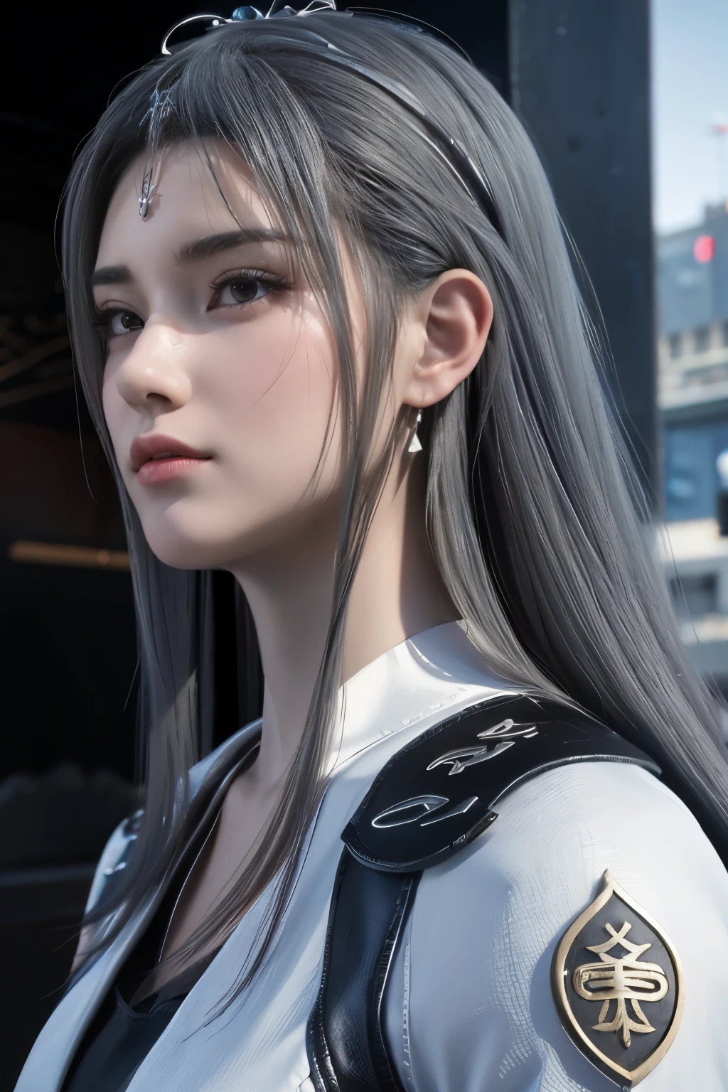 Masterpiece,Game art,The best picture quality,Highest resolution,8K,(Portrait),Unreal Engine 5 rendering works,(Digital Photography),((Portrait Feature:1.5)),
20 year old girl,Short hair details,With long bangs,(The red eye makeup is very meticulous),(With long gray hair:1.4),(Large, full breasts),Elegant and noble,Brave and charming,
(Future armor combined with the characteristics of ancient Chinese armor,Hollow design,Power Armor,The mysterious Eastern runes,A delicate dress pattern,A flash of magic),Warrior of the future,Cyberpunk figures,Background of war,
Movie lights，Ray tracing，Game CG，((3D Unreal Engine))，OC rendering reflection pattern