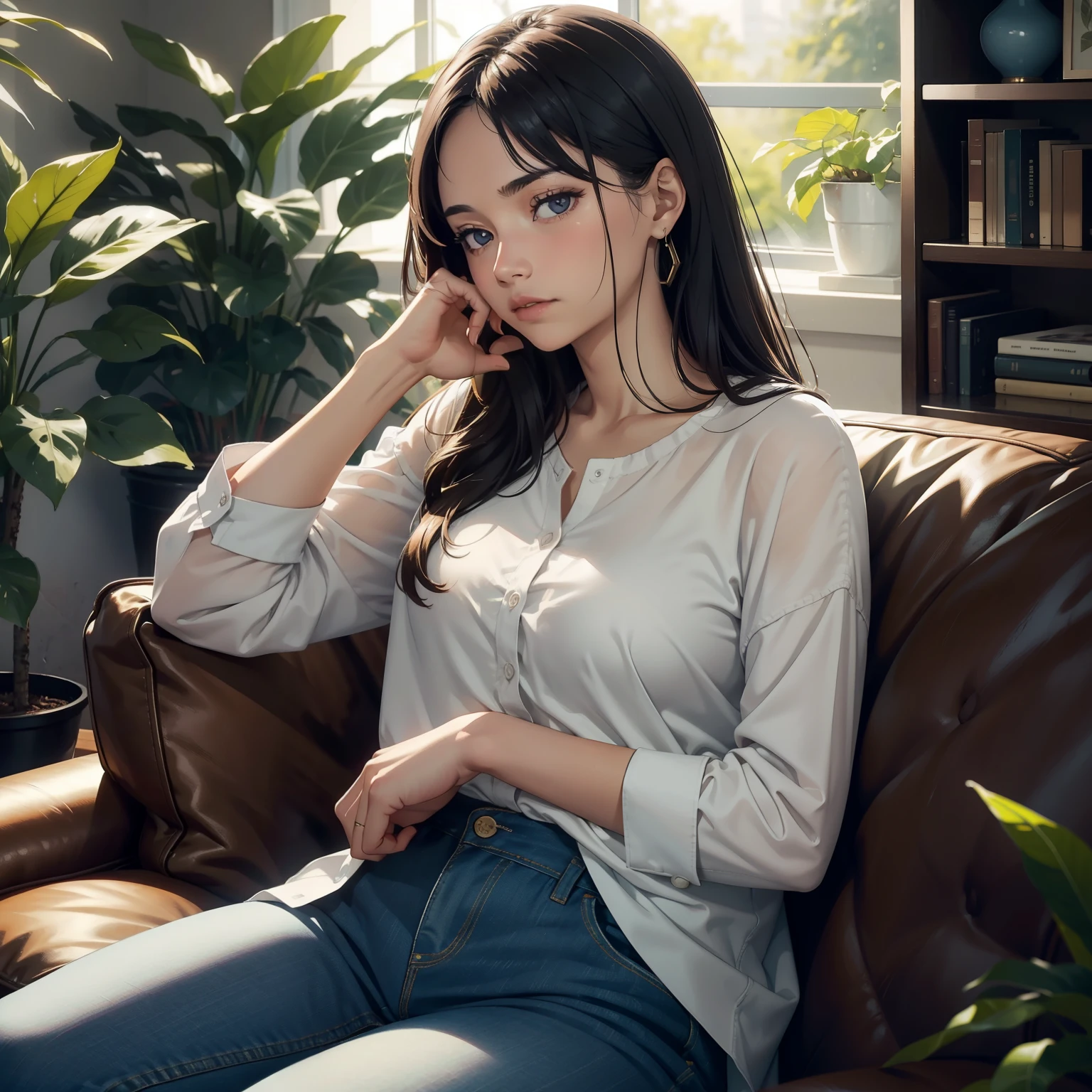 (Masterpiece), High Quality, 1woman, Sitting on a Soft, Comfortable Sofa, (Subjective:1.5), Indoor, Male Perspective,
(Smooth, radiant skin), (HD Wallpaper, 4K Resolution), Realistic Rendering, Highly Detailed,
(Deeply concentrated expression), Lost in Thought, (Casual attire: Blouse and Jeans), (Natural makeup),
(Detailed background: Bookshelf, Family Portraits, Plants), Soft Indoor Lighting, Warm Color Temperature,
(Man observing from a distance, with a thoughtful look on his face), (