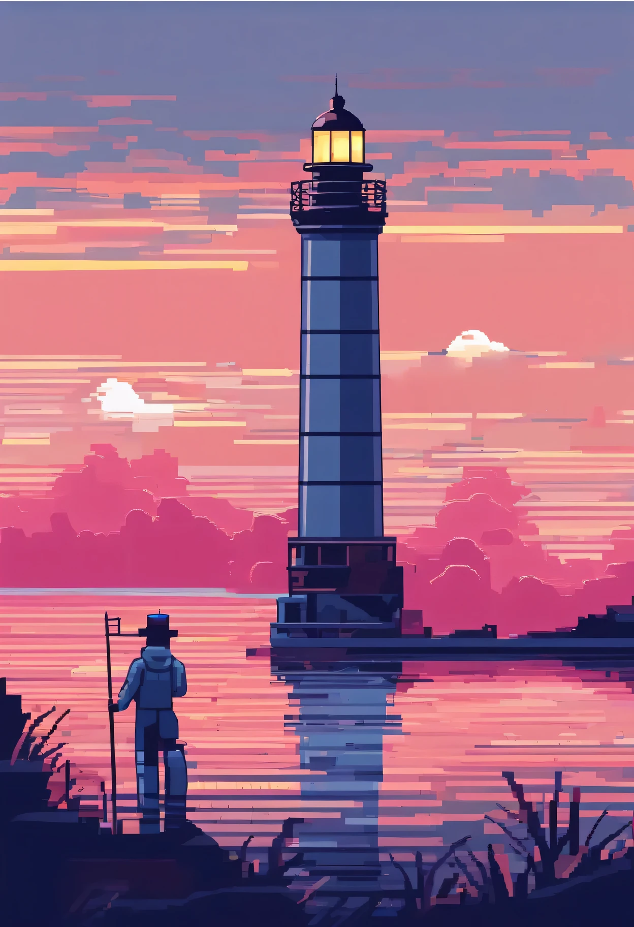 （best quality，Super detailed），pixel art，melancholy，night，Lighthouse beam penetrates fog，Detailed waves，Clouds in the distance，dark shadow，foggy atmosphere，dramatic composition，pastel color palette，Dynamic lines，vivid brushstrokes，Ink texture，Vibrant colors，Contrasting highlights and shadows，curved light path，Interesting visual story。