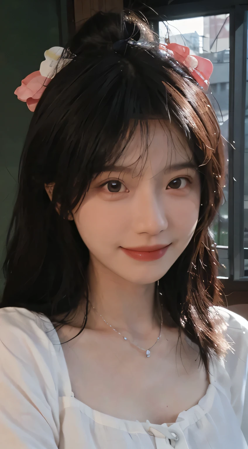 best quality, ultra high resolution, (realistically:1.4),cute hairpin,Baoyu Girl,European style apartment,(flat chest:1.2) ,A pair of clear and charming peach blossom eyes,Royal sister,The sun shines on the face,big wave,(in the woods:1.4),(necklace:1.2),(White skin:1.4),a sense of atmosphere,a beautiful girl, Smile,looking directly at the viewer, Close-up cleavage ,(lifelike:1.4),1 girl,Sexy,(Upper body:1.4),(wet),(:1.2)