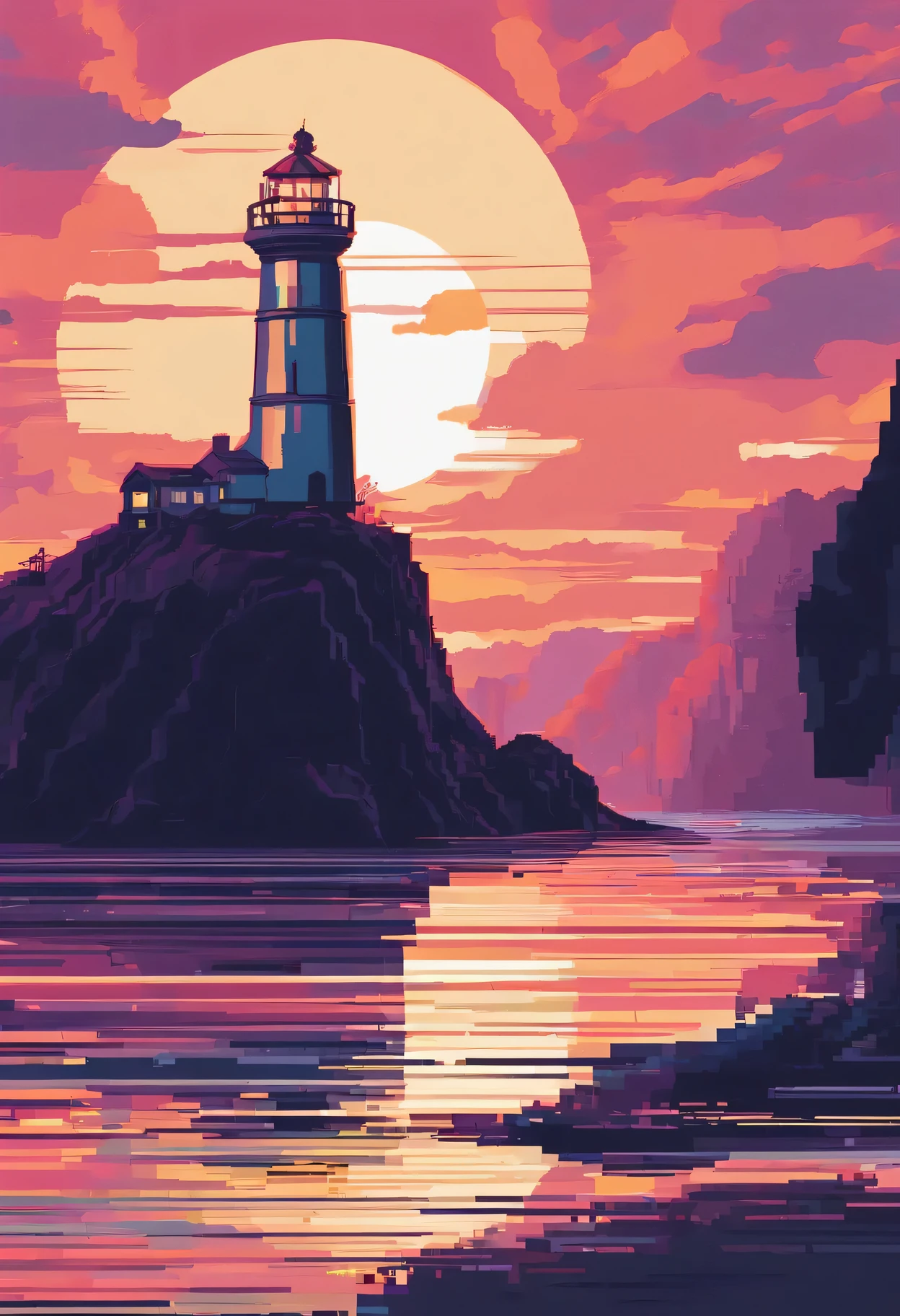 （best quality，Super detailed），pixel art，melancholy，night，Lighthouse beam penetrates fog，Detailed waves，Clouds in the distance，dark shadow，foggy atmosphere，dramatic composition，pastel color palette，Dynamic lines，vivid brushstrokes，Ink texture，Vibrant colors，Contrasting highlights and shadows，curved light path，Interesting visual story。