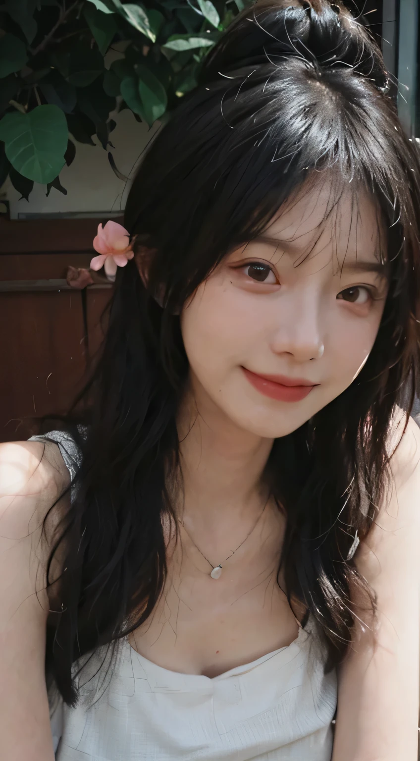 best quality, ultra high resolution, (realistically:1.4),cute hairpin,Baoyu Girl,European style apartment,(flat chest:1.2) ,A pair of clear and charming peach blossom eyes,Royal sister,The sun shines on the face,big wave,(in the woods:1.4),(necklace:1.2),(White skin:1.4),a sense of atmosphere,a beautiful girl, Smile,looking directly at the viewer, Close-up cleavage ,(lifelike:1.4),1 girl,Sexy,(Upper body:1.4),(wet),(:1.2)