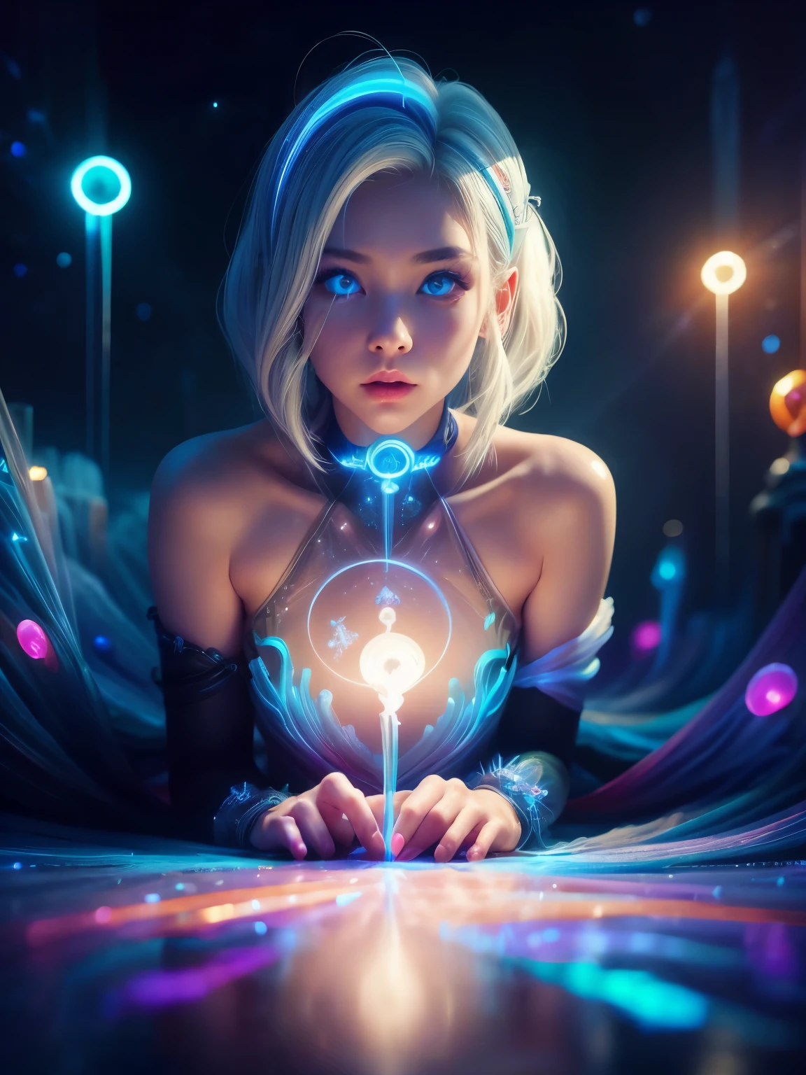 ((upper body)), best quality, masterpiece, a Japanese woman with ((Luminescence white hair)), ((detailed pearl blue eye)), high detailed goddess soul, focus on character, solo, (style swirl magic), solo, from front, front view, looking at viewer, detailed face, ((Luminescence Lighting Magic Circle theme)), perched on a ledge, tight neon body, light streaks, dark abyssal wanderer abstract, ((Simple Luminescence Neon Gown)), inscribed with mystical runes, outdoor dystopian background,