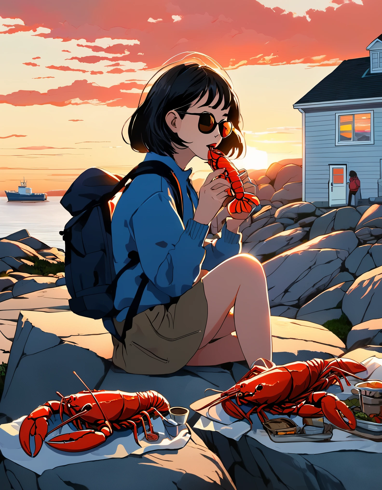 （A Chinese girl with short hair is eating lobster：0.85），Sitting on the embankment，background：Horseshoe-shaped Peggy&#39;s Cove, Canada，There are rocks on both sides，Huge sunset，post office，sunglasses，Backpack，cigarette case